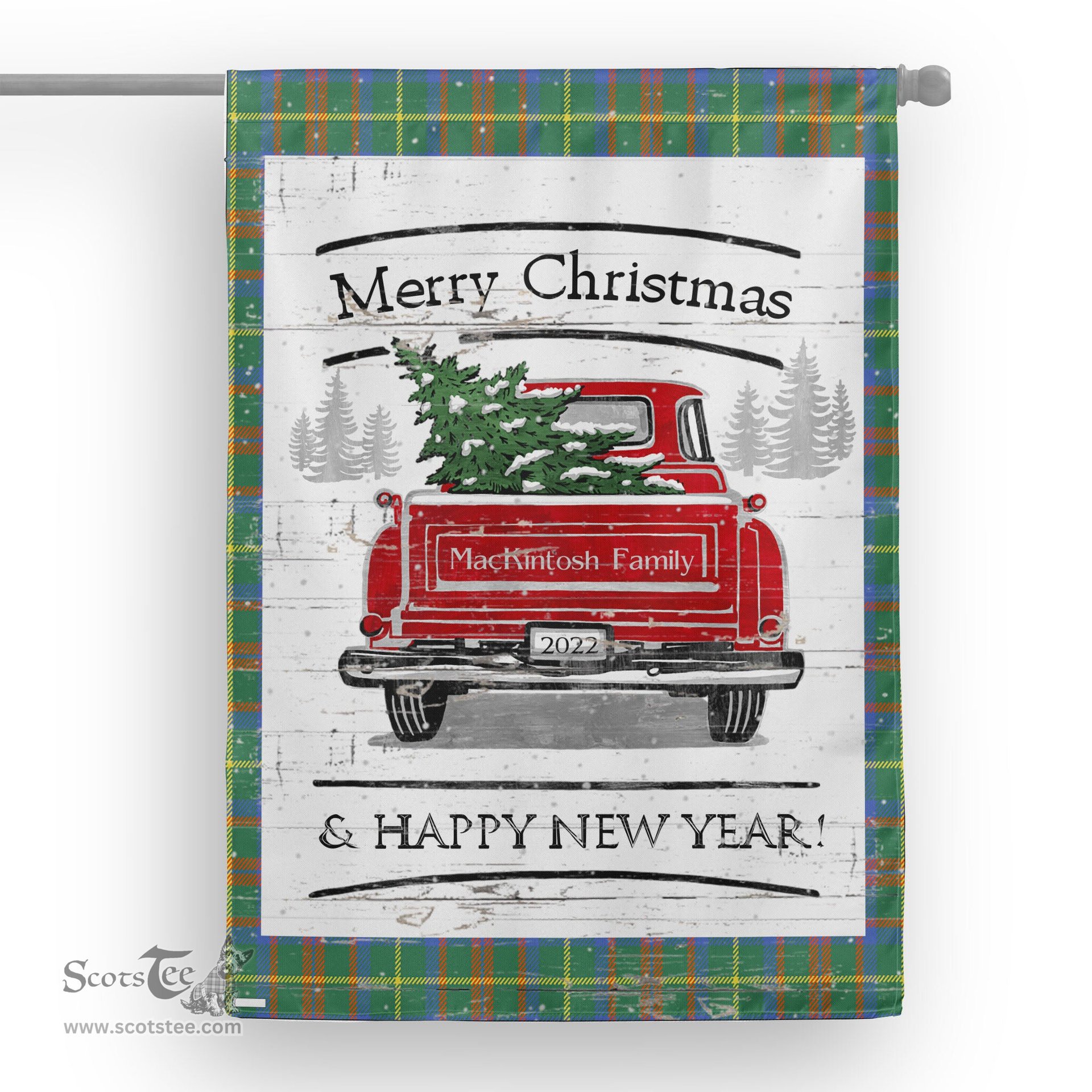 Tartan House Flag Vintage Red Truck with Christmas Tree Family Scottish Clan MacKintosh Hunting Ancient Tartan Flag, Tartan Garden Flag, Tartan House Flag, Tartan Flag, Crest Garden Flag, Garden Flag, Ireland Garden Flag, Family Crest, Custom Flag, Custom Garden Flag, Ireland Custom Flag, Clan Tartan Flags