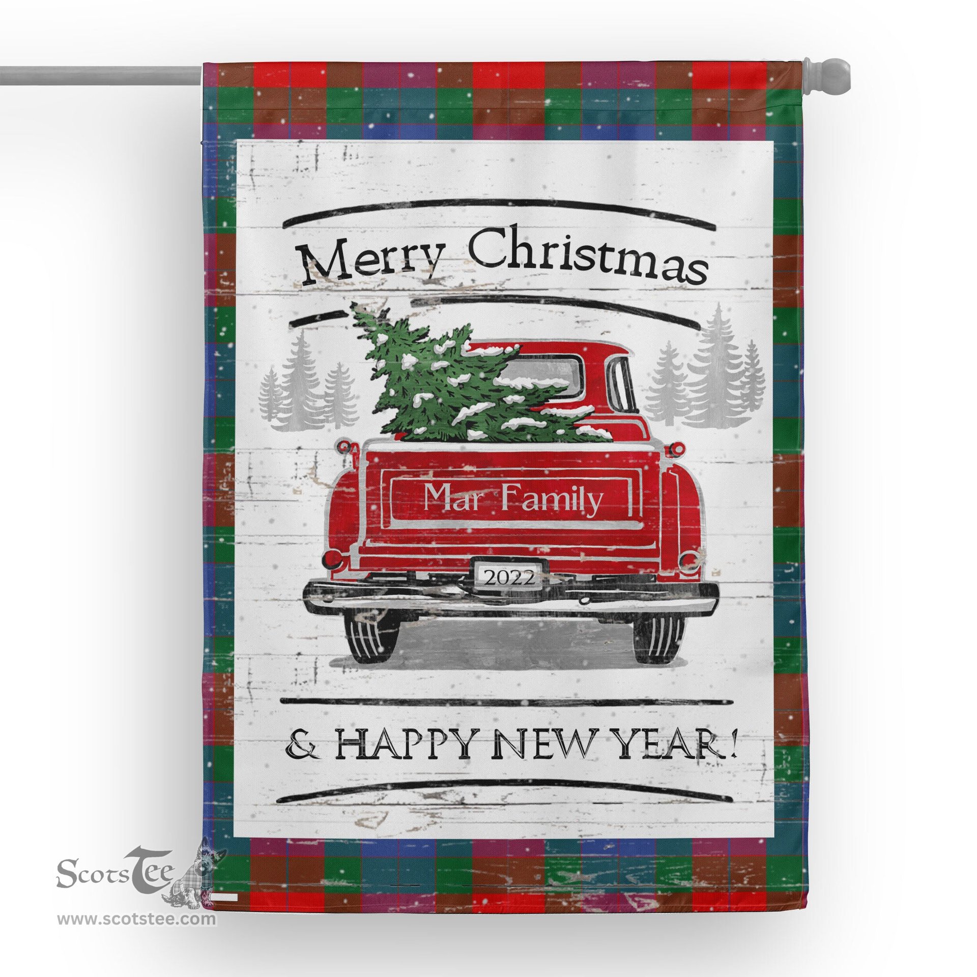 Tartan House Flag Vintage Red Truck with Christmas Tree Family Scottish Clan Mar Tartan Flag, Tartan Garden Flag, Tartan House Flag, Tartan Flag, Crest Garden Flag, Garden Flag, Ireland Garden Flag, Family Crest, Custom Flag, Custom Garden Flag, Ireland Custom Flag, Clan Tartan Flags