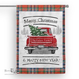 Tartan House Flag Vintage Red Truck with Christmas Tree Family Scottish Clan MacFarlane Ancient Tartan Flag, Tartan Garden Flag, Tartan House Flag, Tartan Flag, Crest Garden Flag, Garden Flag, Ireland Garden Flag, Family Crest, Custom Flag, Custom Garden Flag, Ireland Custom Flag, Clan Tartan Flags