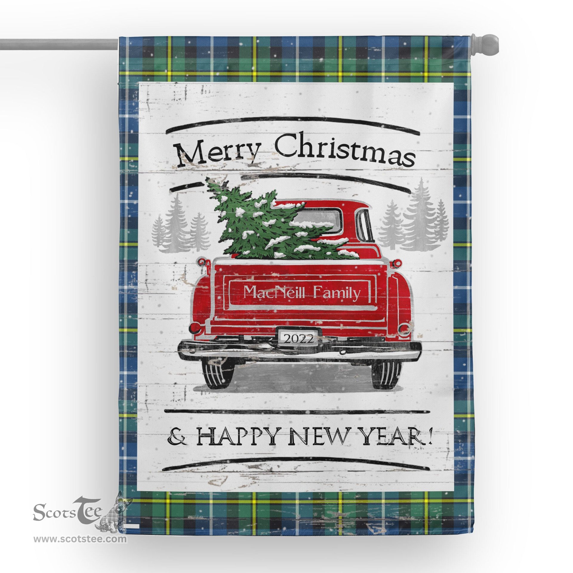 Tartan House Flag Vintage Red Truck with Christmas Tree Family Scottish Clan MacNeill Of Barra Ancient Tartan Flag, Tartan Garden Flag, Tartan House Flag, Tartan Flag, Crest Garden Flag, Garden Flag, Ireland Garden Flag, Family Crest, Custom Flag, Custom Garden Flag, Ireland Custom Flag, Clan Tartan Flags