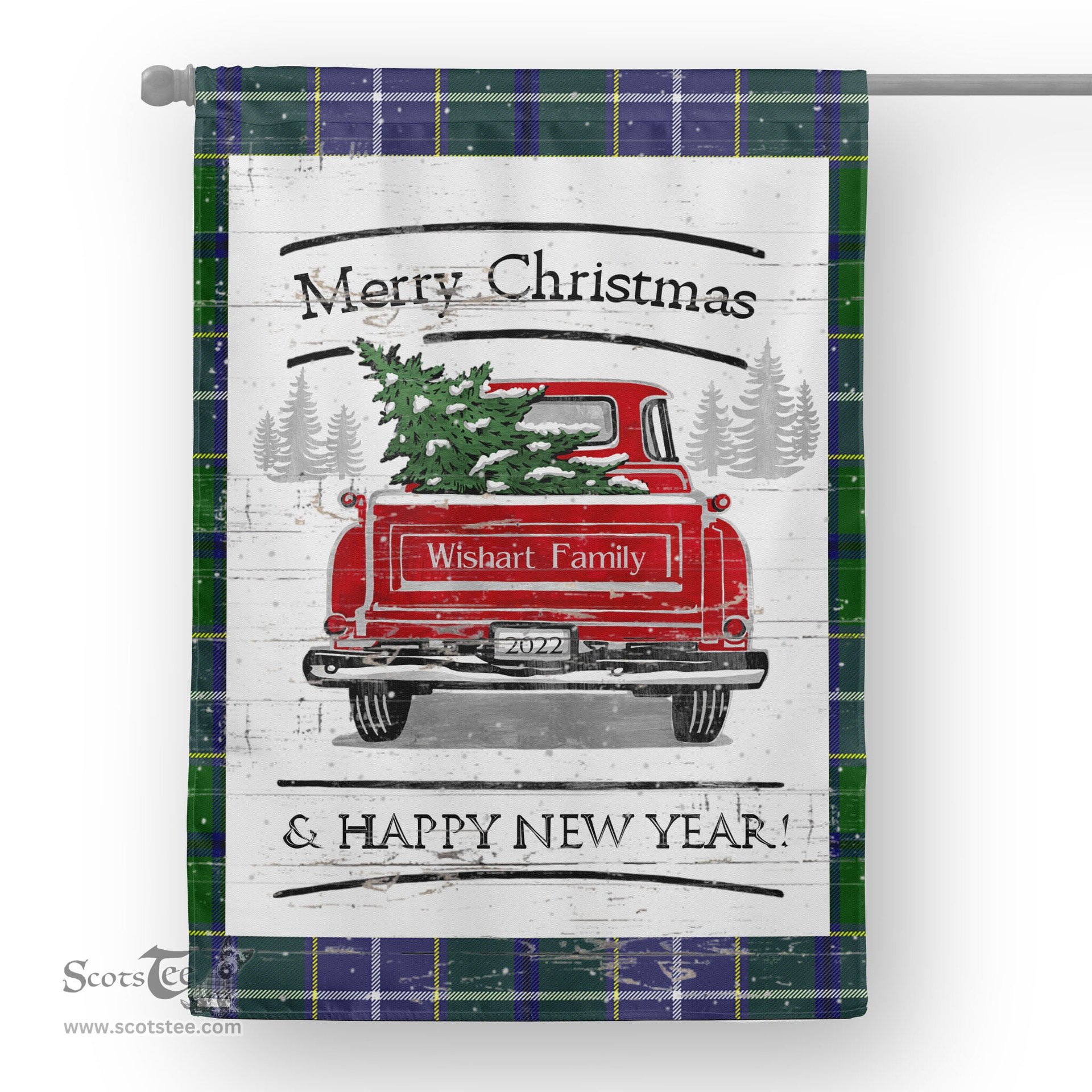 Tartan House Flag Vintage Red Truck with Christmas Tree Family Scottish Clan Wishart Hunting Tartan Flag, Tartan Garden Flag, Tartan House Flag, Tartan Flag, Crest Garden Flag, Garden Flag, Ireland Garden Flag, Family Crest, Custom Flag, Custom Garden Flag, Ireland Custom Flag, Clan Tartan Flags