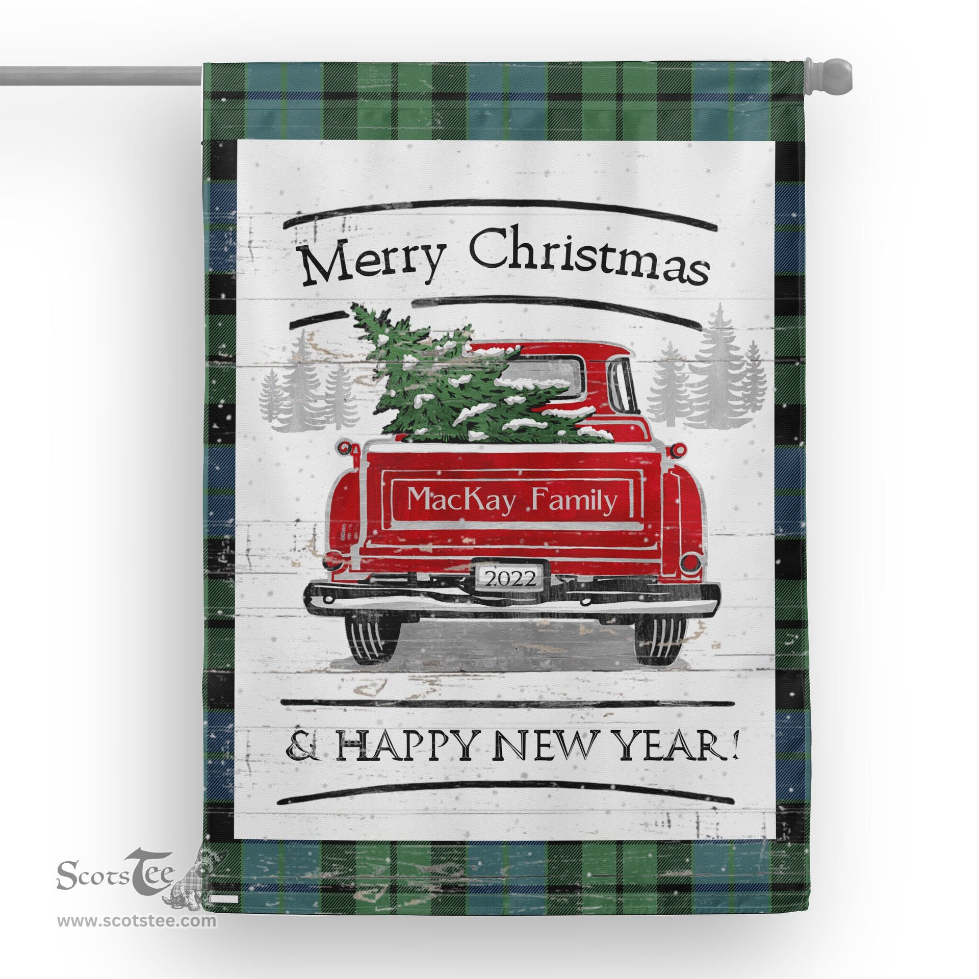 Tartan House Flag Vintage Red Truck with Christmas Tree Family Scottish Clan MacKay Ancient Tartan Flag, Tartan Garden Flag, Tartan House Flag, Tartan Flag, Crest Garden Flag, Garden Flag, Ireland Garden Flag, Family Crest, Custom Flag, Custom Garden Flag, Ireland Custom Flag, Clan Tartan Flags