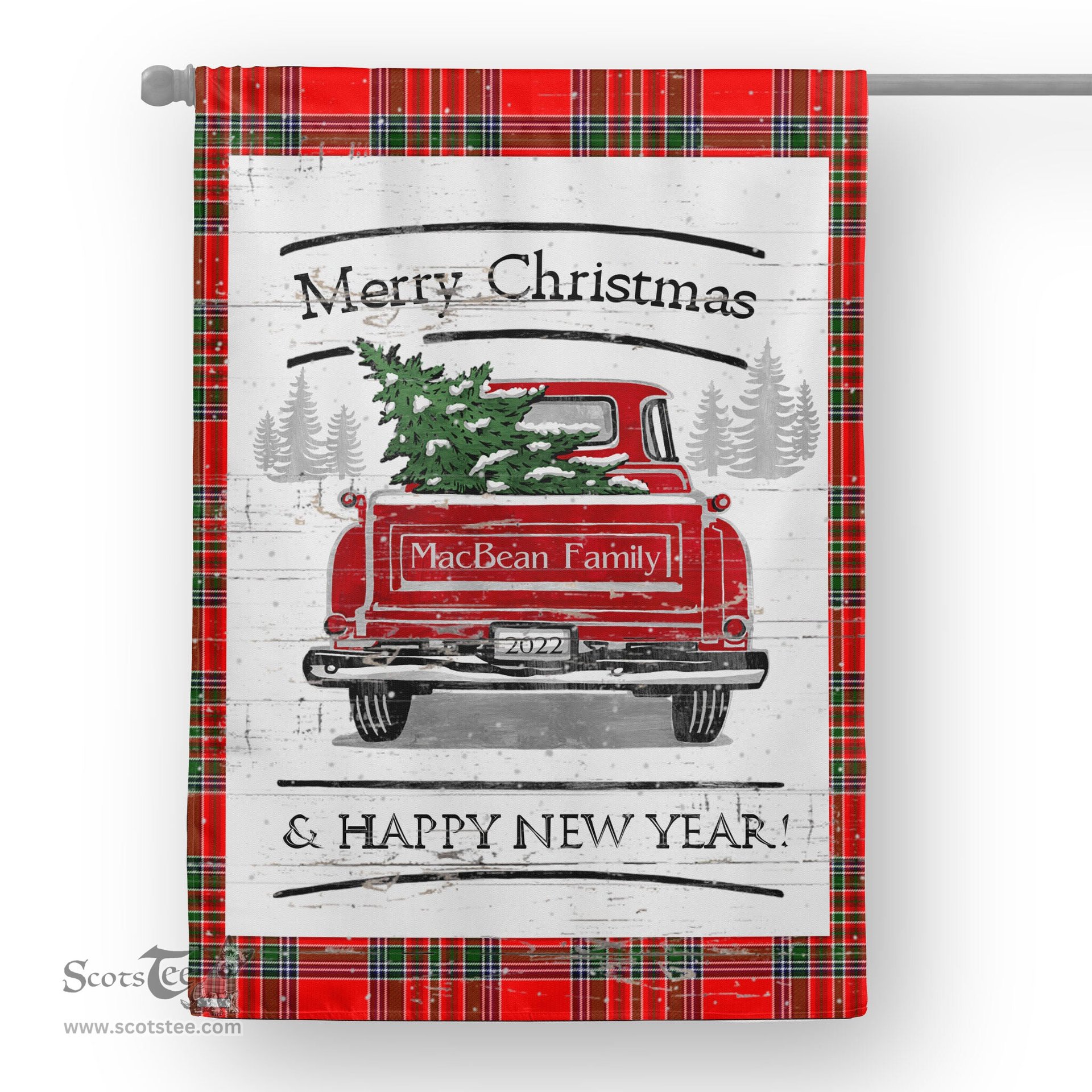 Tartan House Flag Vintage Red Truck with Christmas Tree Family Scottish Clan MacBean Tartan Flag, Tartan Garden Flag, Tartan House Flag, Tartan Flag, Crest Garden Flag, Garden Flag, Ireland Garden Flag, Family Crest, Custom Flag, Custom Garden Flag, Ireland Custom Flag, Clan Tartan Flags