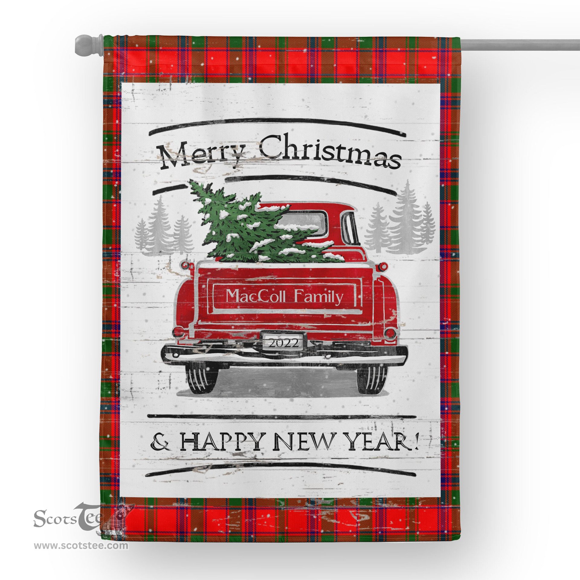 Tartan House Flag Vintage Red Truck with Christmas Tree Family Scottish Clan MacColl Modern Tartan Flag, Tartan Garden Flag, Tartan House Flag, Tartan Flag, Crest Garden Flag, Garden Flag, Ireland Garden Flag, Family Crest, Custom Flag, Custom Garden Flag, Ireland Custom Flag, Clan Tartan Flags