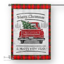 Tartan House Flag Vintage Red Truck with Christmas Tree Family Scottish Clan MacColl Modern Tartan Flag, Tartan Garden Flag, Tartan House Flag, Tartan Flag, Crest Garden Flag, Garden Flag, Ireland Garden Flag, Family Crest, Custom Flag, Custom Garden Flag, Ireland Custom Flag, Clan Tartan Flags