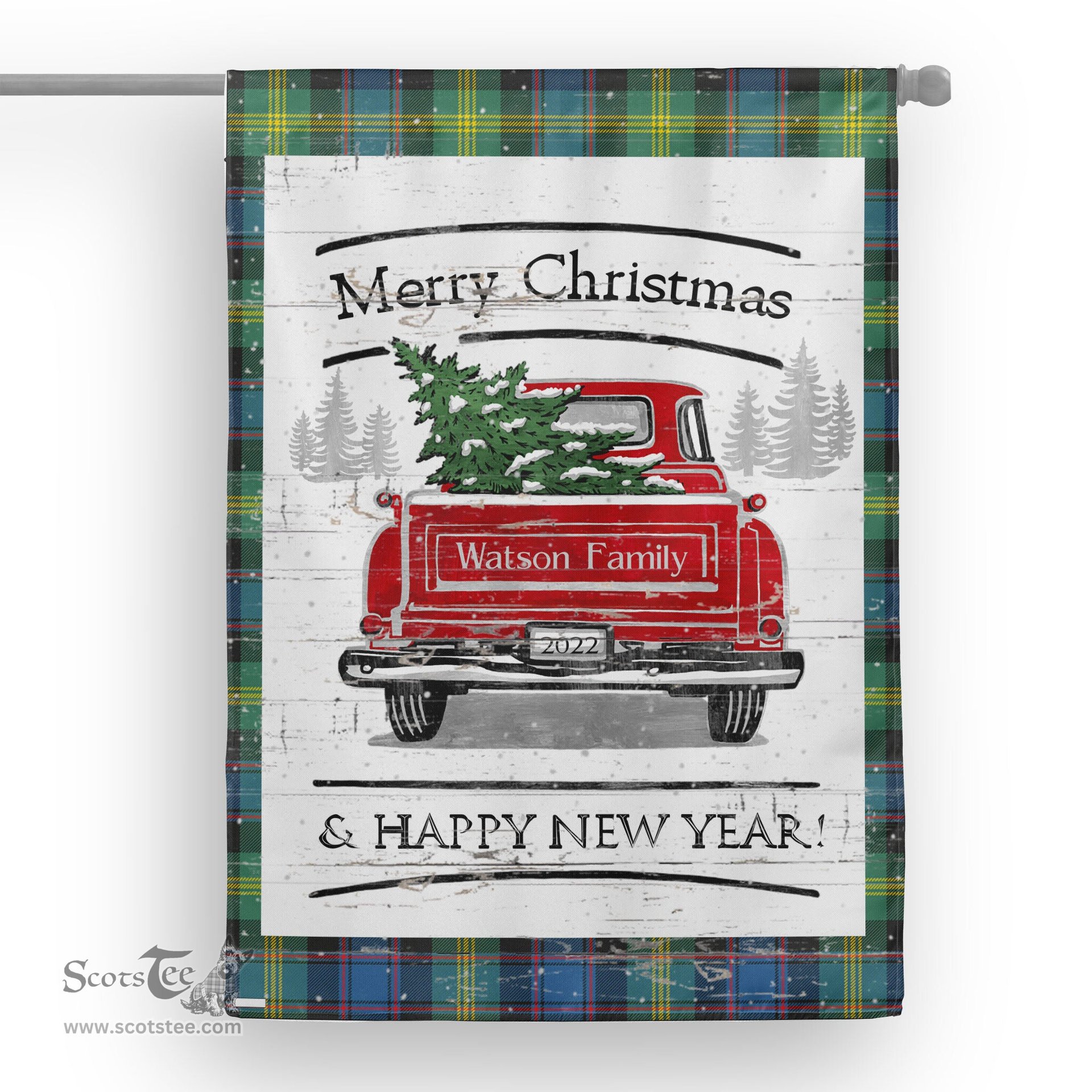 Tartan House Flag Vintage Red Truck with Christmas Tree Family Scottish Clan Watson Ancient Tartan Flag, Tartan Garden Flag, Tartan House Flag, Tartan Flag, Crest Garden Flag, Garden Flag, Ireland Garden Flag, Family Crest, Custom Flag, Custom Garden Flag, Ireland Custom Flag, Clan Tartan Flags