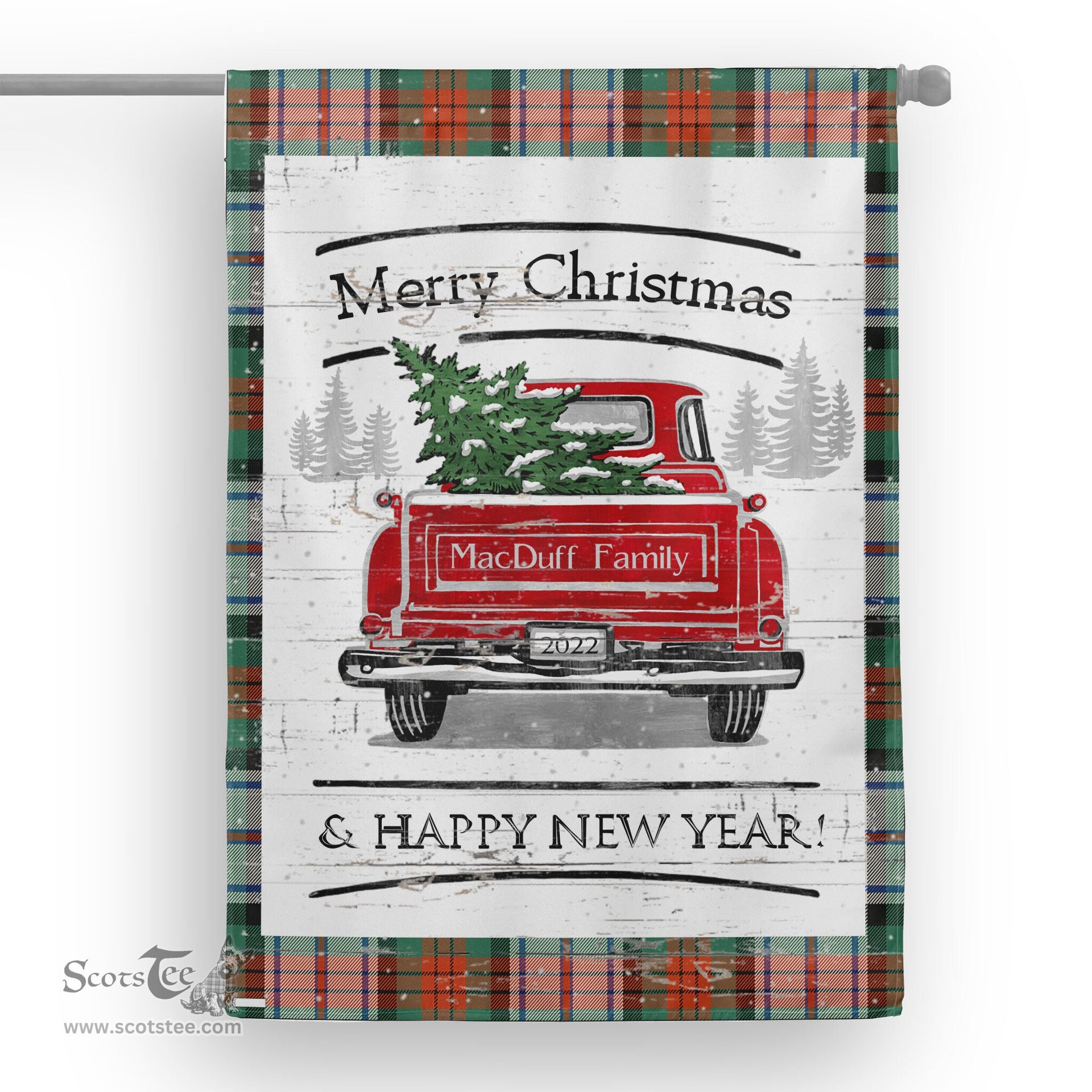 Tartan House Flag Vintage Red Truck with Christmas Tree Family Scottish Clan MacDuff Dress Ancient Tartan Garden Flag