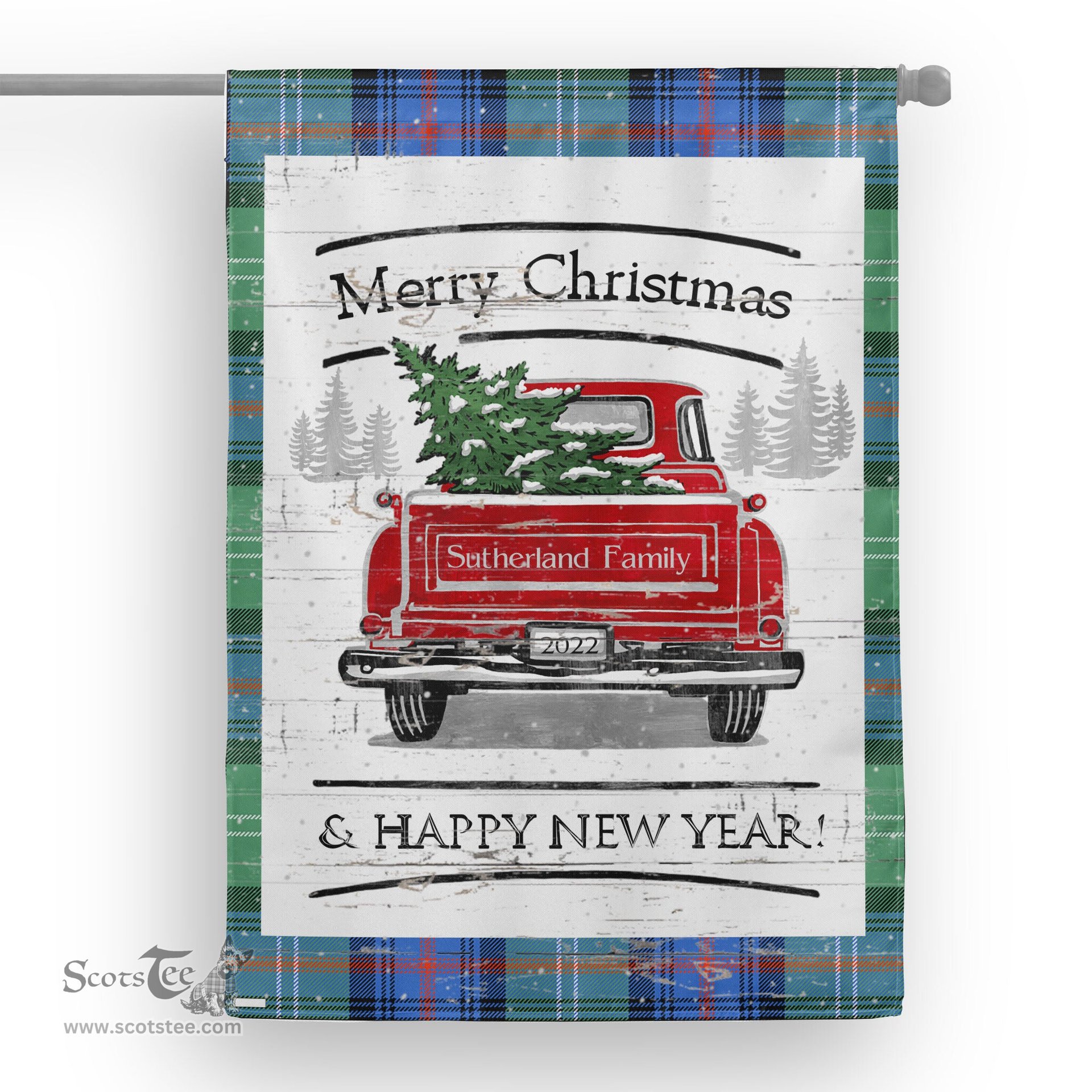 Tartan House Flag Vintage Red Truck with Christmas Tree Family Scottish Clan Sutherland Old Ancient Tartan Flag, Tartan Garden Flag, Tartan House Flag, Tartan Flag, Crest Garden Flag, Garden Flag, Ireland Garden Flag, Family Crest, Custom Flag, Custom Garden Flag, Ireland Custom Flag, Clan Tartan Flags
