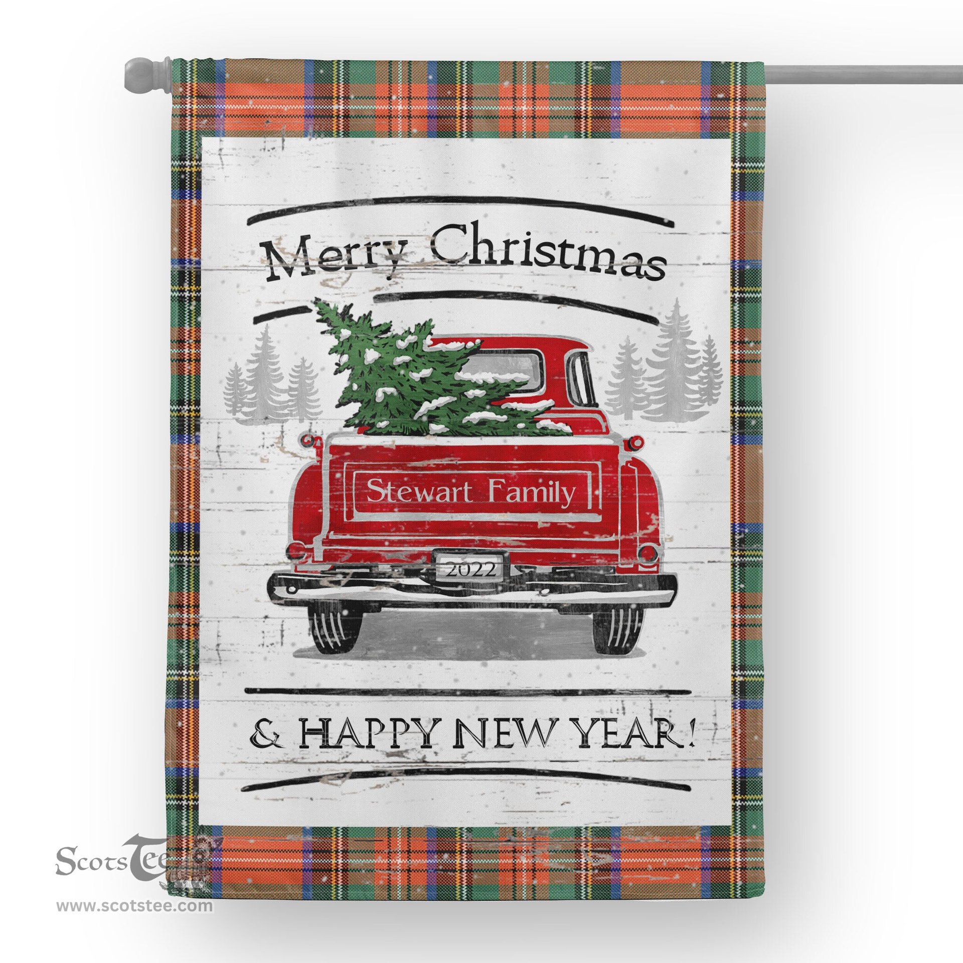 Tartan House Flag Vintage Red Truck with Christmas Tree Family Scottish Clan Stewart Royal Ancient Tartan Flag, Tartan Garden Flag, Tartan House Flag, Tartan Flag, Crest Garden Flag, Garden Flag, Ireland Garden Flag, Family Crest, Custom Flag, Custom Garden Flag, Ireland Custom Flag, Clan Tartan Flags