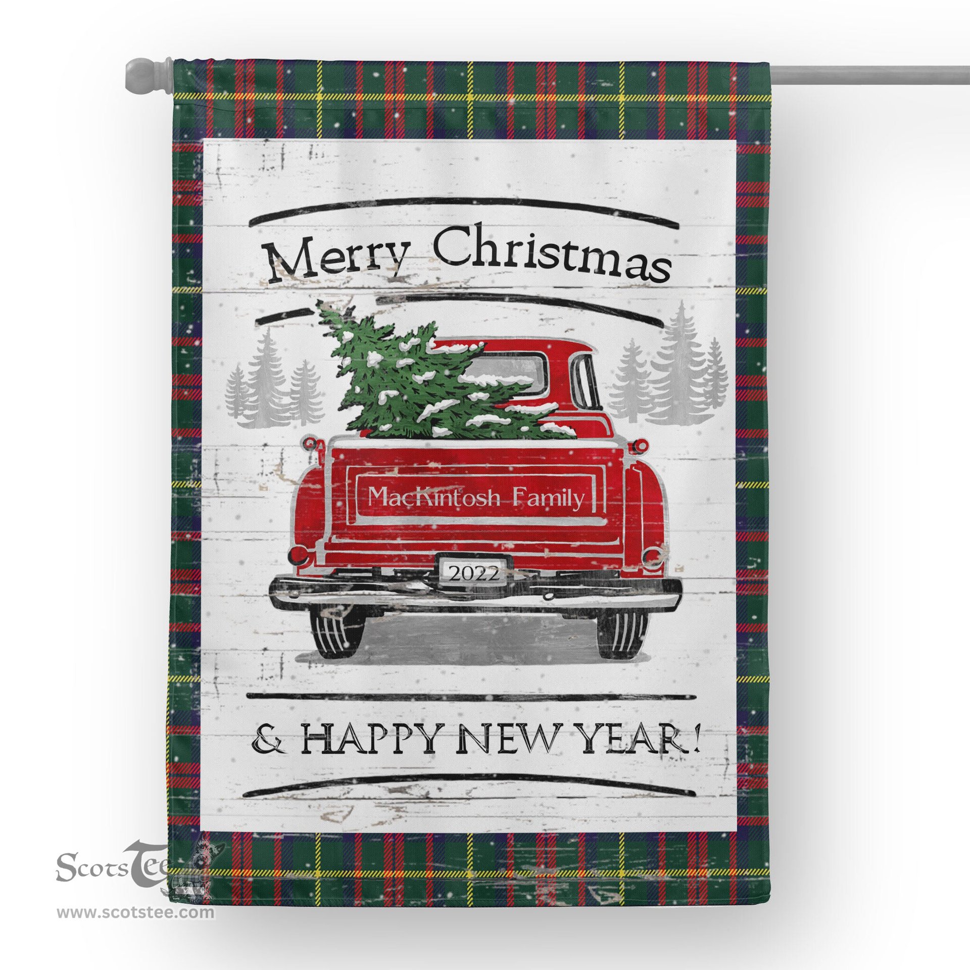 Tartan House Flag Vintage Red Truck with Christmas Tree Family Scottish Clan MacKintosh Tartan Flag, Tartan Garden Flag, Tartan House Flag, Tartan Flag, Crest Garden Flag, Garden Flag, Ireland Garden Flag, Family Crest, Custom Flag, Custom Garden Flag, Ireland Custom Flag, Clan Tartan Flags