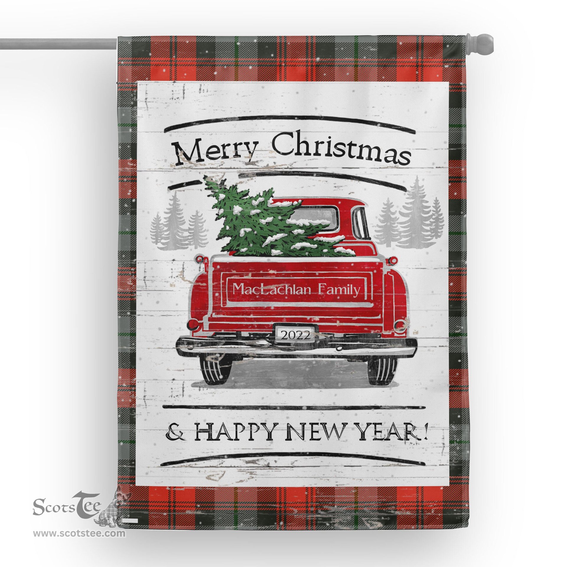 Tartan House Flag Vintage Red Truck with Christmas Tree Family Scottish Clan MacLachlan Weathered Tartan Flag, Tartan Garden Flag, Tartan House Flag, Tartan Flag, Crest Garden Flag, Garden Flag, Ireland Garden Flag, Family Crest, Custom Flag, Custom Garden Flag, Ireland Custom Flag, Clan Tartan Flags