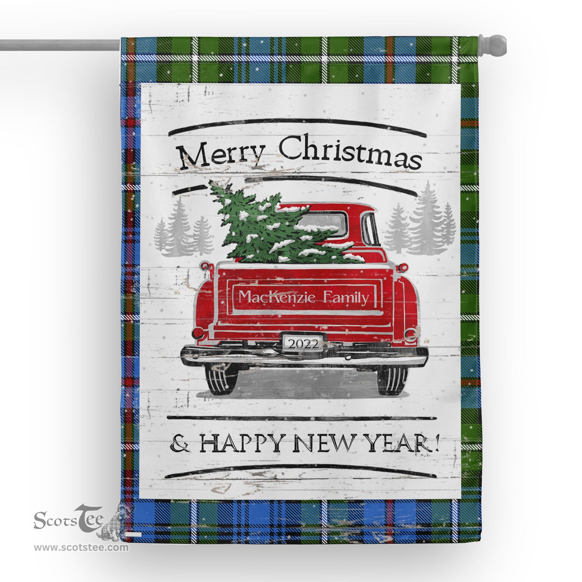 Tartan House Flag Vintage Red Truck with Christmas Tree Family Scottish Clan MacKenzie Modern Tartan Flag, Tartan Garden Flag, Tartan House Flag, Tartan Flag, Crest Garden Flag, Garden Flag, Ireland Garden Flag, Family Crest, Custom Flag, Custom Garden Flag, Ireland Custom Flag, Clan Tartan Flags