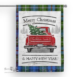 Tartan House Flag Vintage Red Truck with Christmas Tree Family Scottish Clan MacKenzie Modern Tartan Flag, Tartan Garden Flag, Tartan House Flag, Tartan Flag, Crest Garden Flag, Garden Flag, Ireland Garden Flag, Family Crest, Custom Flag, Custom Garden Flag, Ireland Custom Flag, Clan Tartan Flags