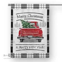 Tartan House Flag Vintage Red Truck with Christmas Tree Family Scottish Clan MacFarlane Black & White Tartan Flag, Tartan Garden Flag, Tartan House Flag, Tartan Flag, Crest Garden Flag, Garden Flag, Ireland Garden Flag, Family Crest, Custom Flag, Custom Garden Flag, Ireland Custom Flag, Clan Tartan Flags