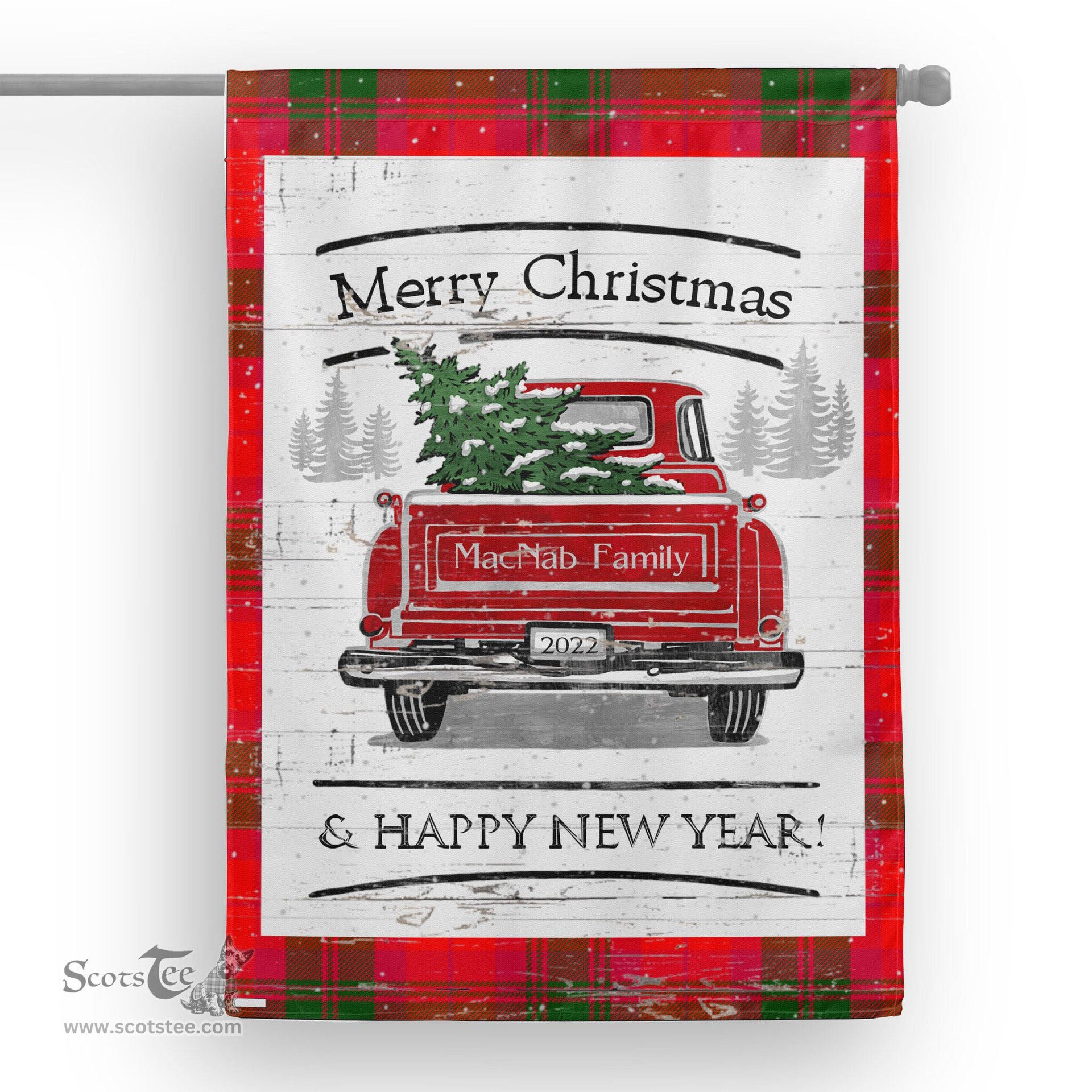 Tartan House Flag Vintage Red Truck with Christmas Tree Family Scottish Clan MacNab Tartan Flag, Tartan Garden Flag, Tartan House Flag, Tartan Flag, Crest Garden Flag, Garden Flag, Ireland Garden Flag, Family Crest, Custom Flag, Custom Garden Flag, Ireland Custom Flag, Clan Tartan Flags