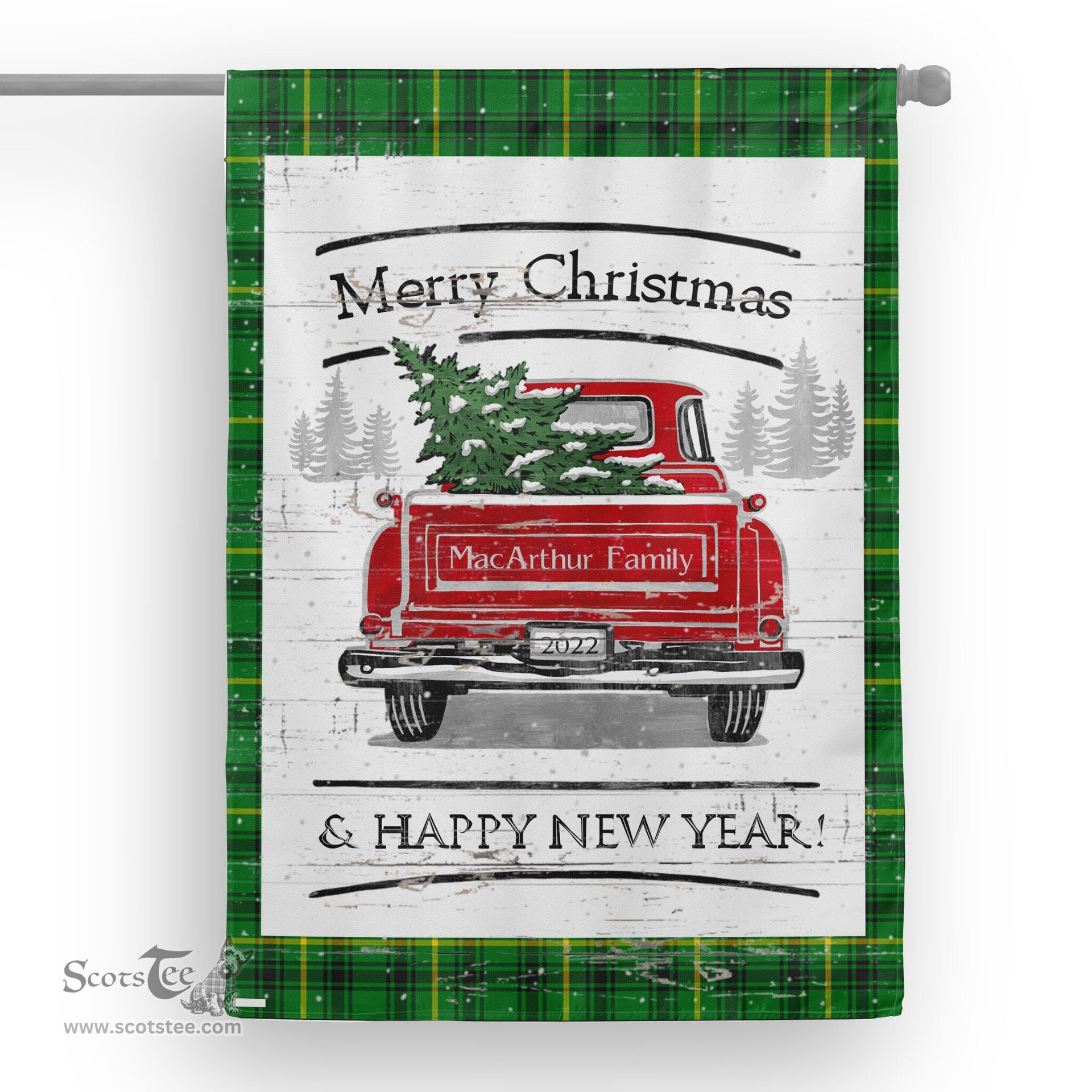 Tartan House Flag Vintage Red Truck with Christmas Tree Family Scottish Clan MacArthur House Flag