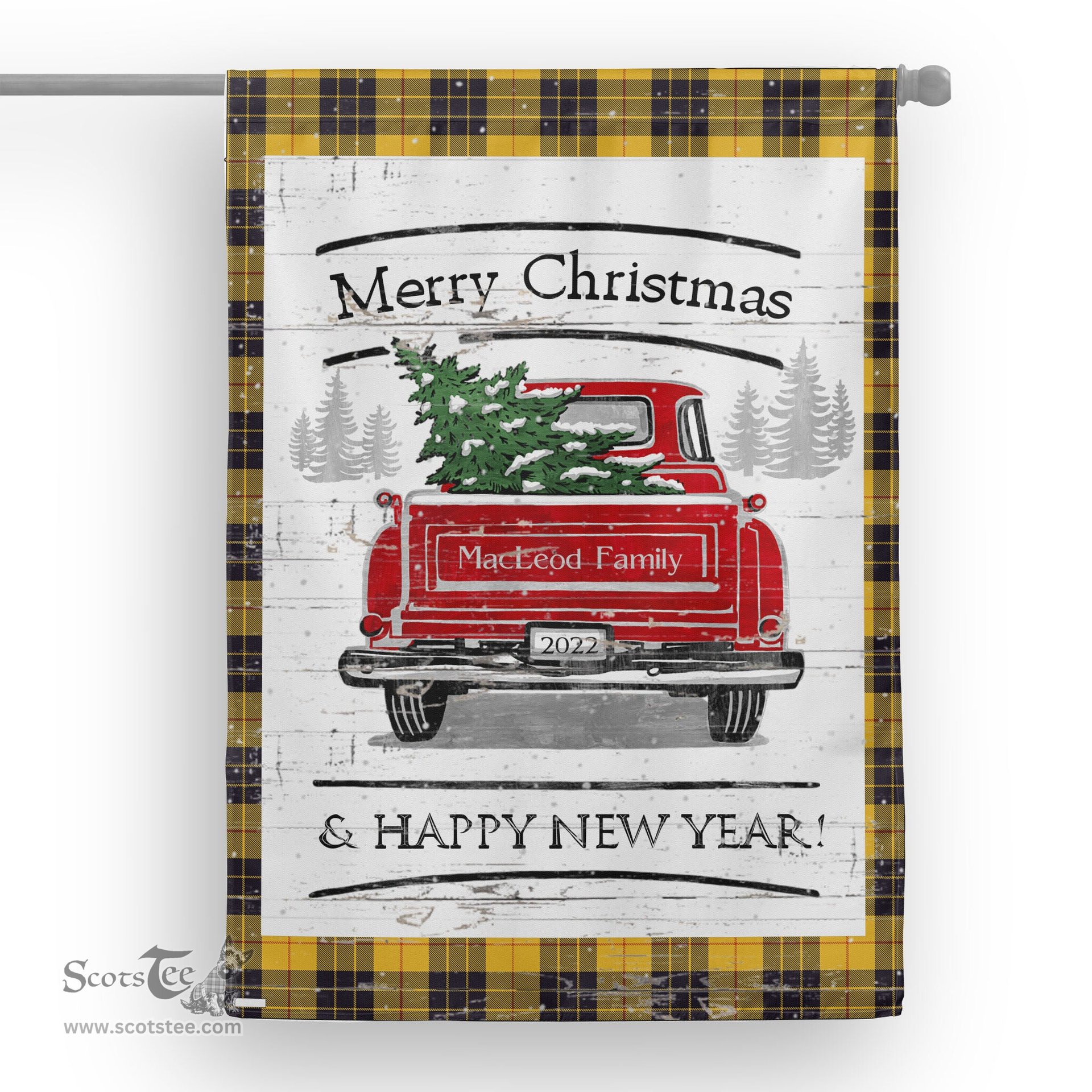 Tartan House Flag Vintage Red Truck with Christmas Tree Family Scottish Clan MacLeod of Lewis Ancient Tartan Flag, Tartan Garden Flag, Tartan House Flag, Tartan Flag, Crest Garden Flag, Garden Flag, Ireland Garden Flag, Family Crest, Custom Flag, Custom Garden Flag, Ireland Custom Flag, Clan Tartan Flags