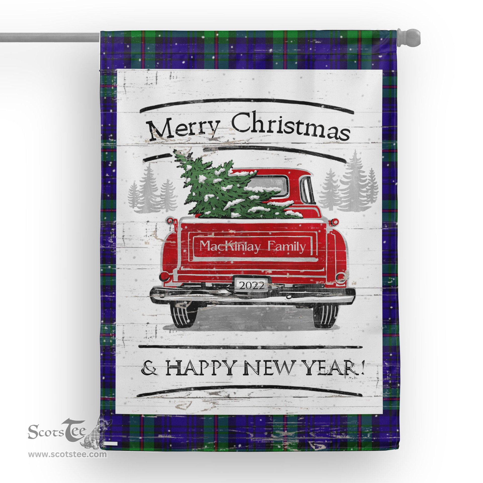 Tartan House Flag Vintage Red Truck with Christmas Tree Family Scottish Clan MacKinlay Modern Tartan Flag, Tartan Garden Flag, Tartan House Flag, Tartan Flag, Crest Garden Flag, Garden Flag, Ireland Garden Flag, Family Crest, Custom Flag, Custom Garden Flag, Ireland Custom Flag, Clan Tartan Flags