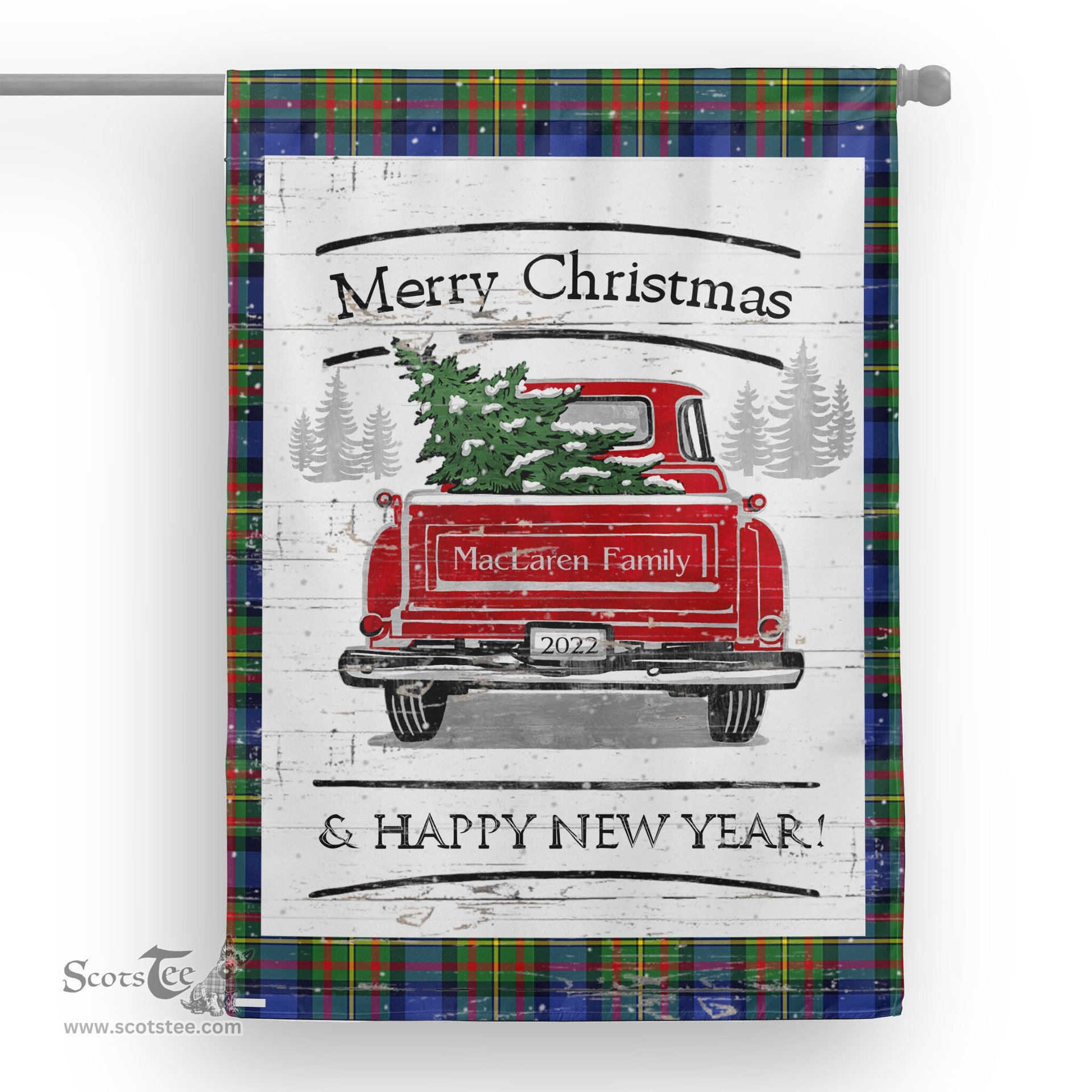 Tartan House Flag Vintage Red Truck with Christmas Tree Family Scottish Clan MacLaren Tartan Flag, Tartan Garden Flag, Tartan House Flag, Tartan Flag, Crest Garden Flag, Garden Flag, Ireland Garden Flag, Family Crest, Custom Flag, Custom Garden Flag, Ireland Custom Flag, Clan Tartan Flags