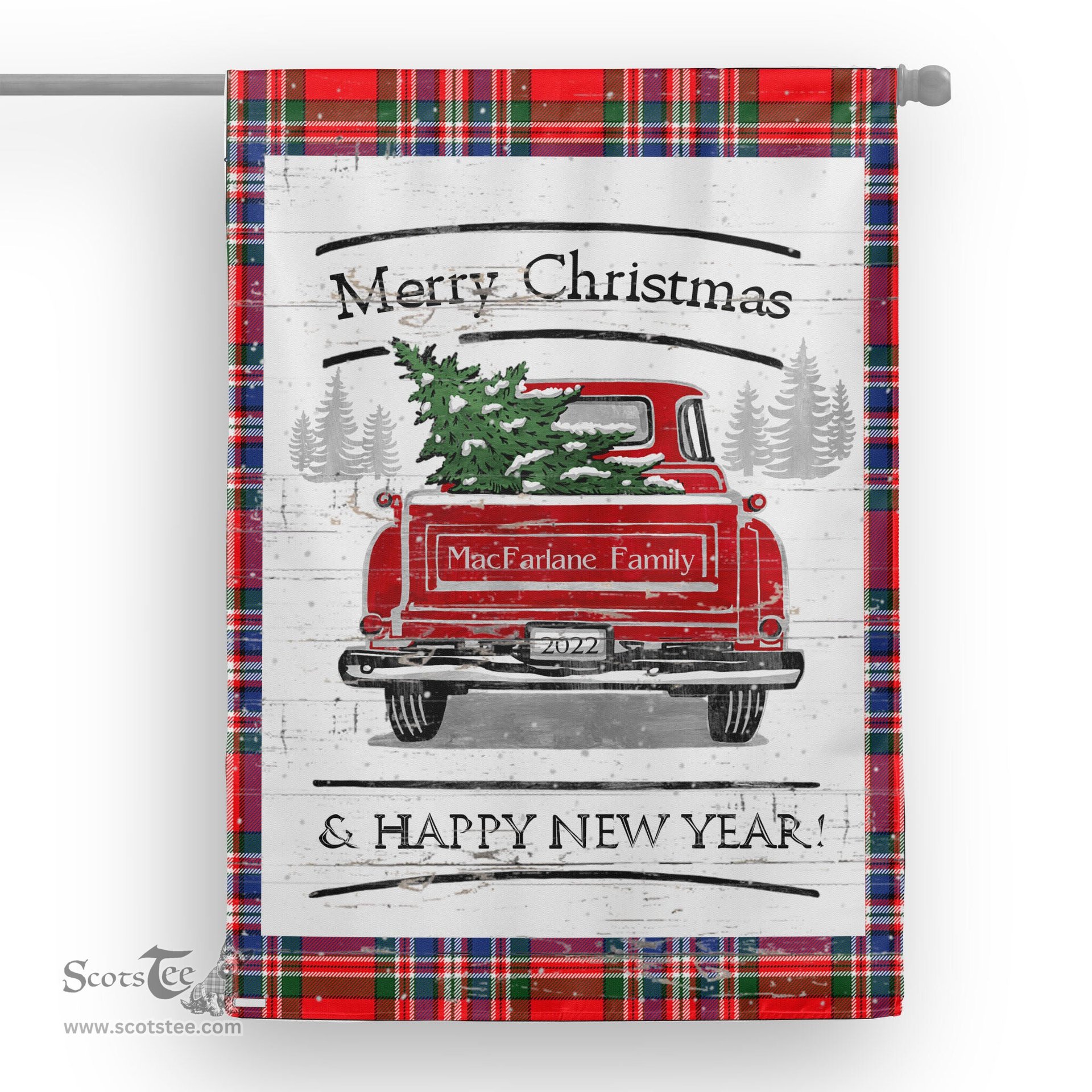 Tartan House Flag Vintage Red Truck with Christmas Tree Family Scottish Clan MacFarlane Modern Tartan Flag, Tartan Garden Flag, Tartan House Flag, Tartan Flag, Crest Garden Flag, Garden Flag, Ireland Garden Flag, Family Crest, Custom Flag, Custom Garden Flag, Ireland Custom Flag, Clan Tartan Flags