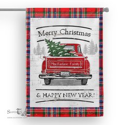 Tartan House Flag Vintage Red Truck with Christmas Tree Family Scottish Clan MacFarlane Modern Tartan Flag, Tartan Garden Flag, Tartan House Flag, Tartan Flag, Crest Garden Flag, Garden Flag, Ireland Garden Flag, Family Crest, Custom Flag, Custom Garden Flag, Ireland Custom Flag, Clan Tartan Flags