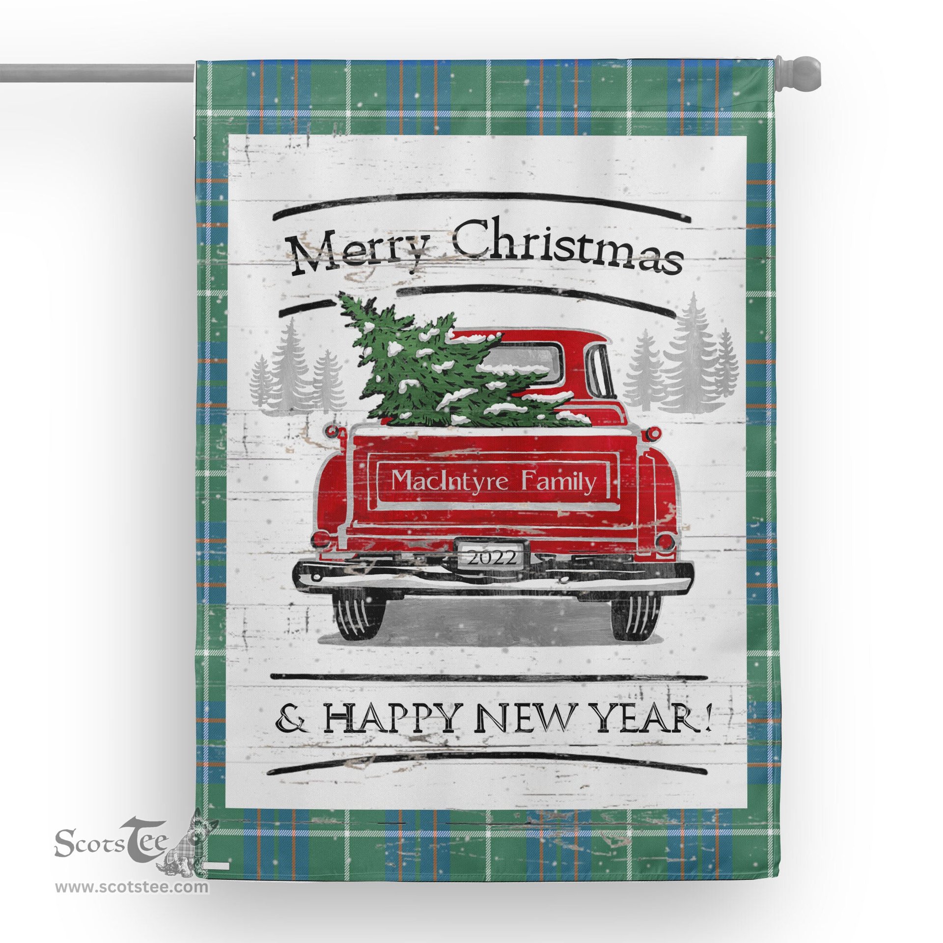 Tartan House Flag Vintage Red Truck with Christmas Tree Family Scottish Clan MacIntyre Hunting Ancient Tartan Flag, Tartan Garden Flag, Tartan House Flag, Tartan Flag, Crest Garden Flag, Garden Flag, Ireland Garden Flag, Family Crest, Custom Flag, Custom Garden Flag, Ireland Custom Flag, Clan Tartan Flags