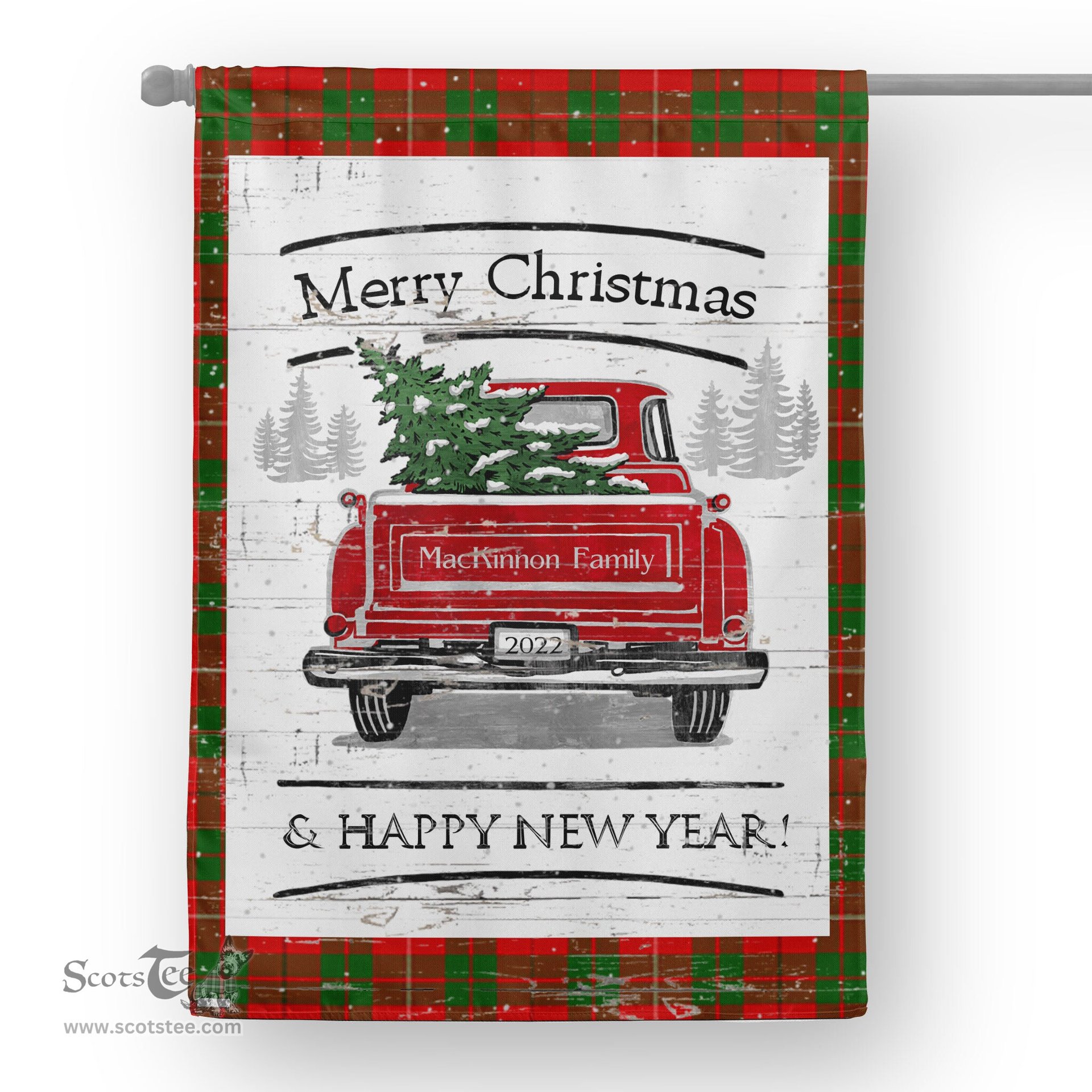 Tartan House Flag Vintage Red Truck with Christmas Tree Family Scottish Clan MacKinnon Modern Tartan Flag, Tartan Garden Flag, Tartan House Flag, Tartan Flag, Crest Garden Flag, Garden Flag, Ireland Garden Flag, Family Crest, Custom Flag, Custom Garden Flag, Ireland Custom Flag, Clan Tartan Flags
