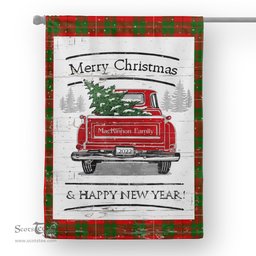 Tartan House Flag Vintage Red Truck with Christmas Tree Family Scottish Clan MacKinnon Modern Tartan Flag, Tartan Garden Flag, Tartan House Flag, Tartan Flag, Crest Garden Flag, Garden Flag, Ireland Garden Flag, Family Crest, Custom Flag, Custom Garden Flag, Ireland Custom Flag, Clan Tartan Flags
