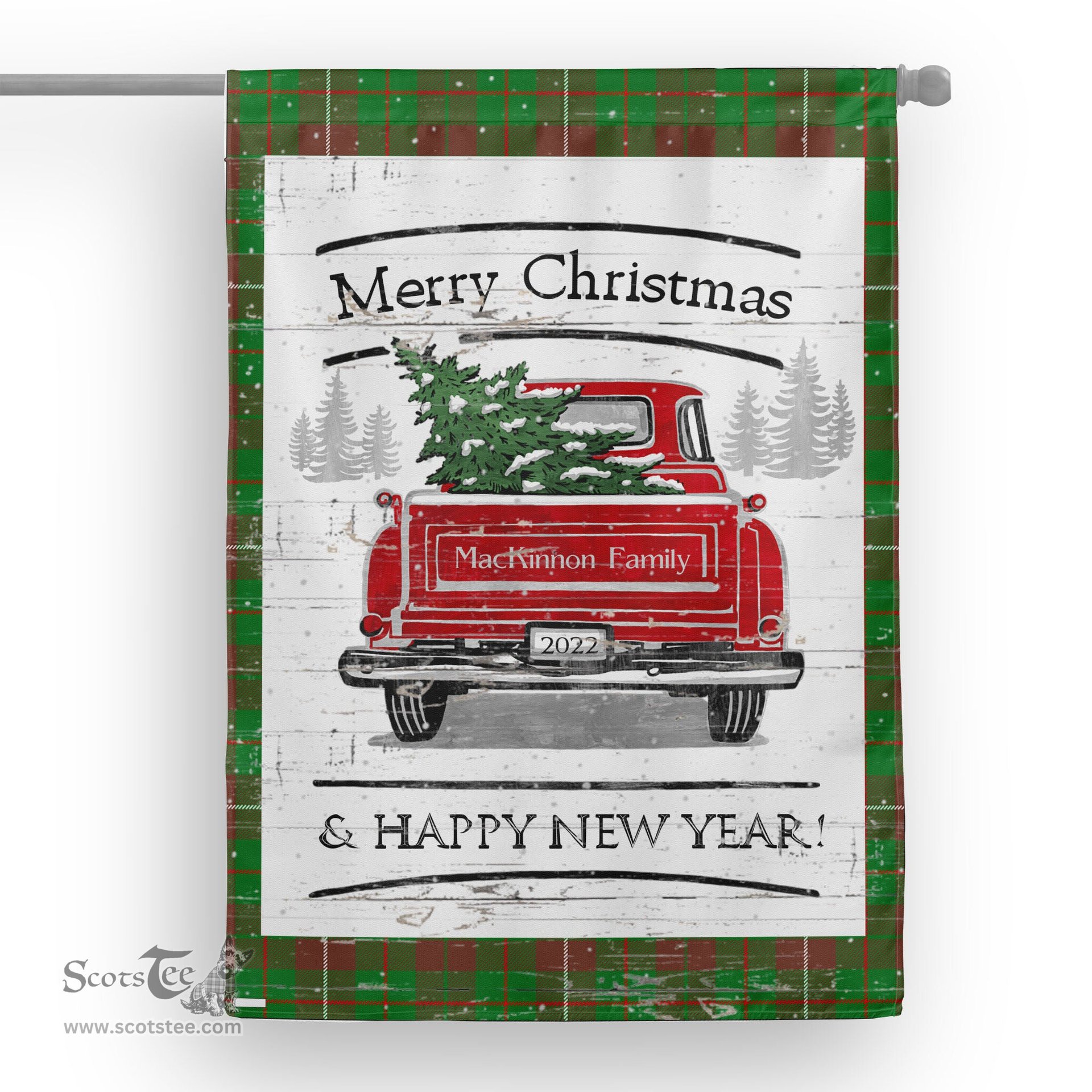 Tartan House Flag Vintage Red Truck with Christmas Tree Family Scottish Clan MacKinnon Hunting Modern Tartan Flag, Tartan Garden Flag, Tartan House Flag, Tartan Flag, Crest Garden Flag, Garden Flag, Ireland Garden Flag, Family Crest, Custom Flag, Custom Garden Flag, Ireland Custom Flag, Clan Tartan Flags