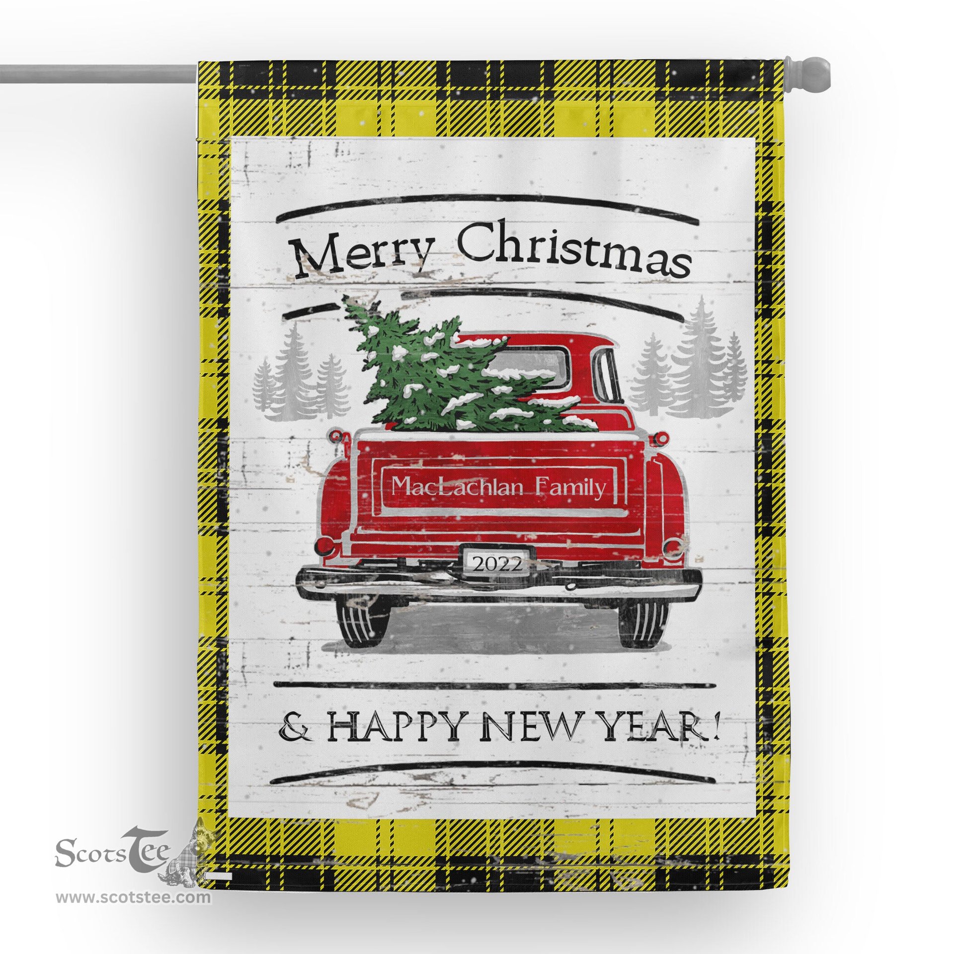 Tartan House Flag Vintage Red Truck with Christmas Tree Family Scottish Clan MacLachlan Yellow Tartan Flag, Tartan Garden Flag, Tartan House Flag, Tartan Flag, Crest Garden Flag, Garden Flag, Ireland Garden Flag, Family Crest, Custom Flag, Custom Garden Flag, Ireland Custom Flag, Clan Tartan Flags