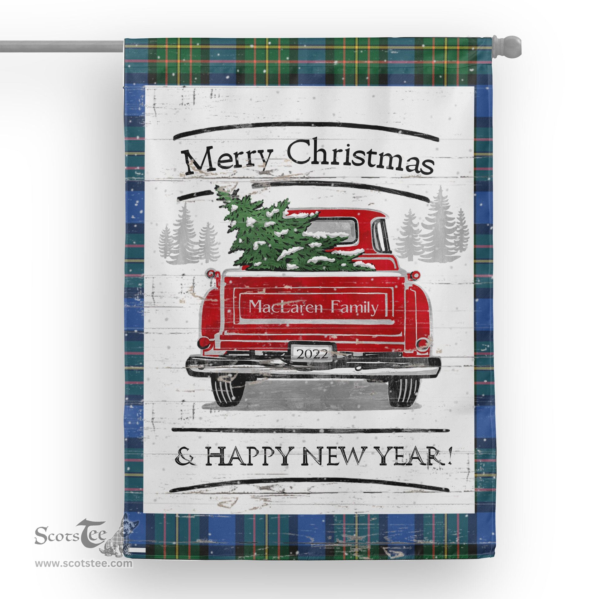 Tartan House Flag Vintage Red Truck with Christmas Tree Family Scottish Clan MacLaren Ancient Tartan Flag, Tartan Garden Flag, Tartan House Flag, Tartan Flag, Crest Garden Flag, Garden Flag, Ireland Garden Flag, Family Crest, Custom Flag, Custom Garden Flag, Ireland Custom Flag, Clan Tartan Flags
