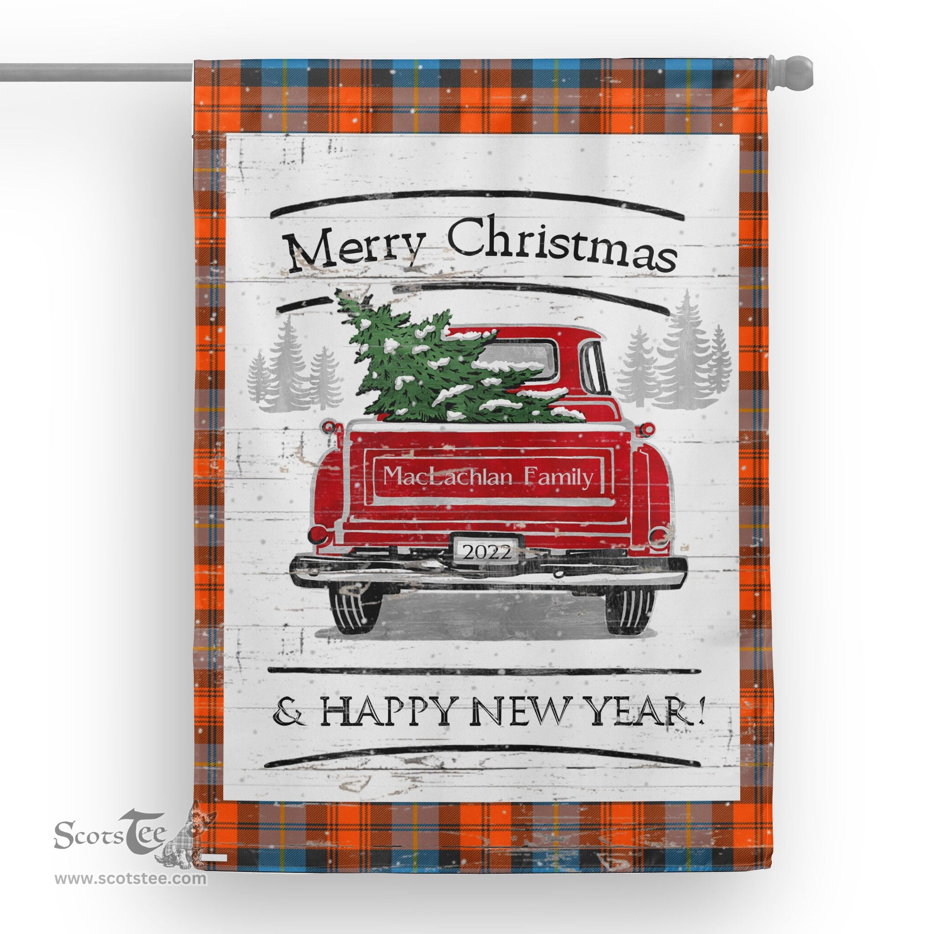 Tartan House Flag Vintage Red Truck with Christmas Tree Family Scottish Clan MacLachlan Ancient Tartan Flag, Tartan Garden Flag, Tartan House Flag, Tartan Flag, Crest Garden Flag, Garden Flag, Ireland Garden Flag, Family Crest, Custom Flag, Custom Garden Flag, Ireland Custom Flag, Clan Tartan Flags