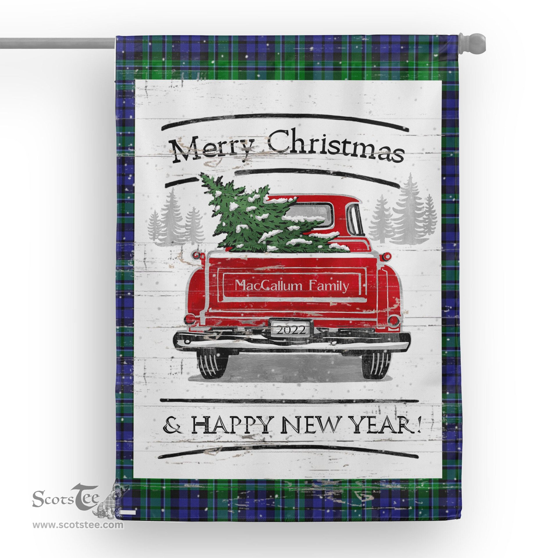 Tartan House Flag Vintage Red Truck with Christmas Tree Family Scottish Clan MacCallum Modern Tartan Flag, Tartan Garden Flag, Tartan House Flag, Tartan Flag, Crest Garden Flag, Garden Flag, Ireland Garden Flag, Family Crest, Custom Flag, Custom Garden Flag, Ireland Custom Flag, Clan Tartan Flags