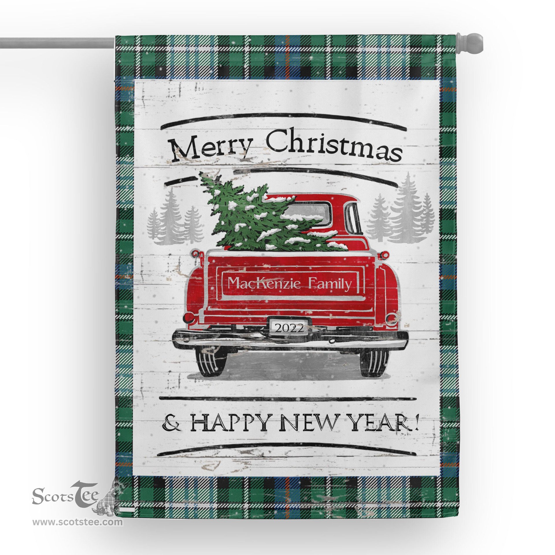 Tartan House Flag Vintage Red Truck with Christmas Tree Family Scottish Clan MacKenzie Dress Ancient Tartan Flag, Tartan Garden Flag, Tartan House Flag, Tartan Flag, Crest Garden Flag, Garden Flag, Ireland Garden Flag, Family Crest, Custom Flag, Custom Garden Flag, Ireland Custom Flag, Clan Tartan Flags