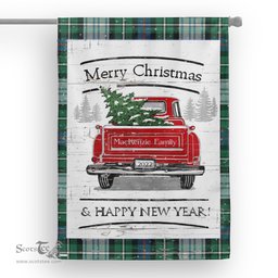 Tartan House Flag Vintage Red Truck with Christmas Tree Family Scottish Clan MacKenzie Dress Ancient Tartan Flag, Tartan Garden Flag, Tartan House Flag, Tartan Flag, Crest Garden Flag, Garden Flag, Ireland Garden Flag, Family Crest, Custom Flag, Custom Garden Flag, Ireland Custom Flag, Clan Tartan Flags