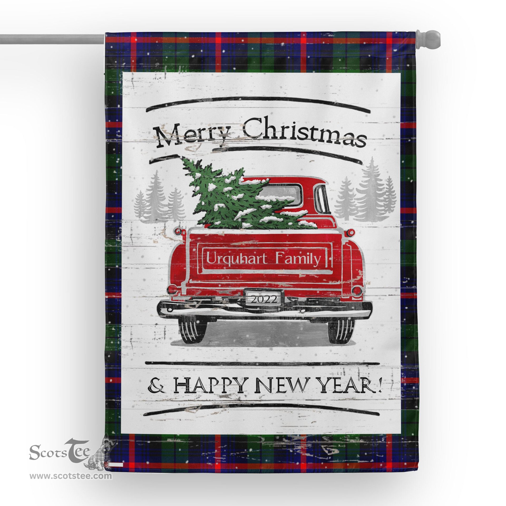 Tartan House Flag Vintage Red Truck with Christmas Tree Family Scottish Clan Urquhart Tartan Flag, Tartan Garden Flag, Tartan House Flag, Tartan Flag, Crest Garden Flag, Garden Flag, Ireland Garden Flag, Family Crest, Custom Flag, Custom Garden Flag, Ireland Custom Flag, Clan Tartan Flags