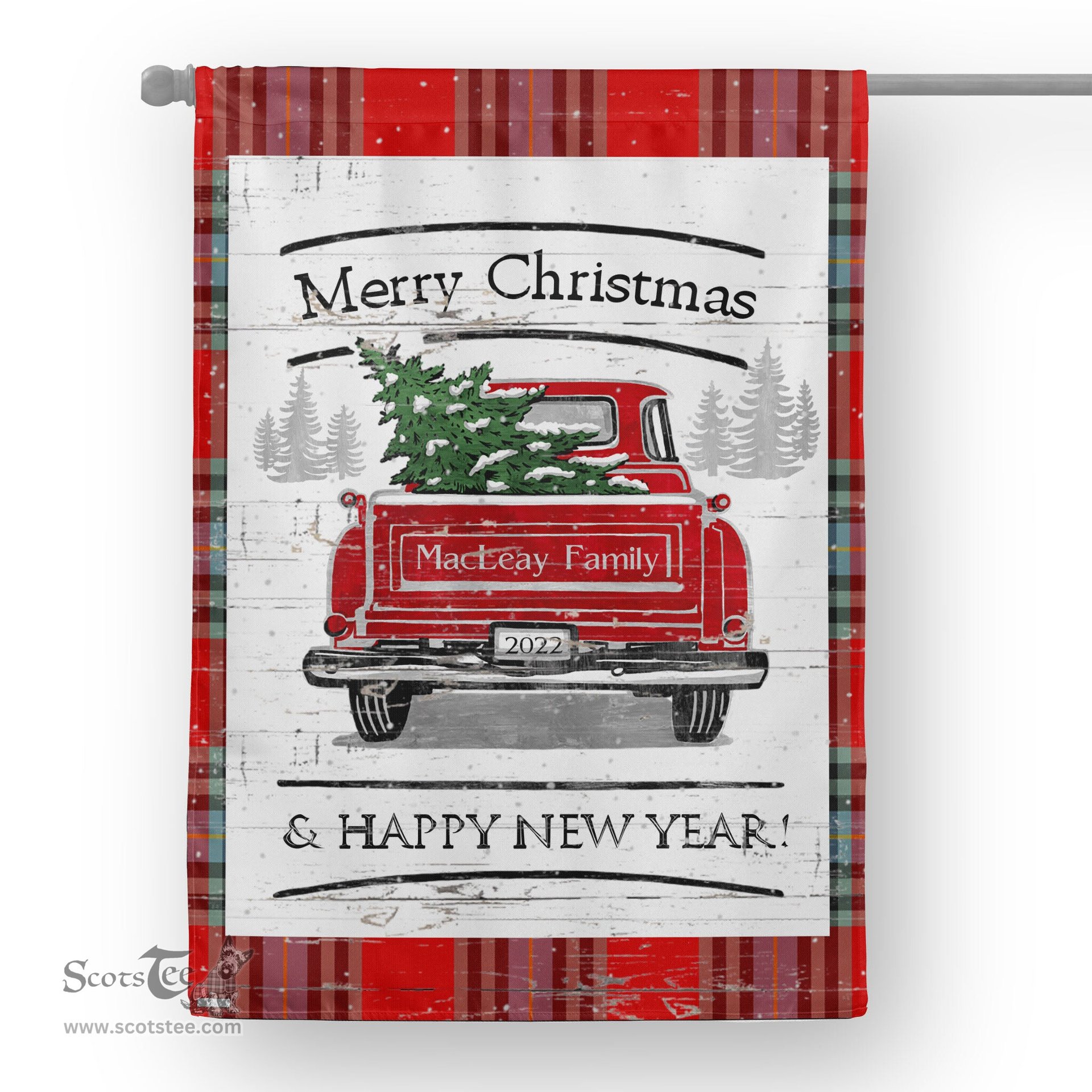 Tartan House Flag Vintage Red Truck with Christmas Tree Family Scottish Clan MacLeay Tartan Flag, Tartan Garden Flag, Tartan House Flag, Tartan Flag, Crest Garden Flag, Garden Flag, Ireland Garden Flag, Family Crest, Custom Flag, Custom Garden Flag, Ireland Custom Flag, Clan Tartan Flags