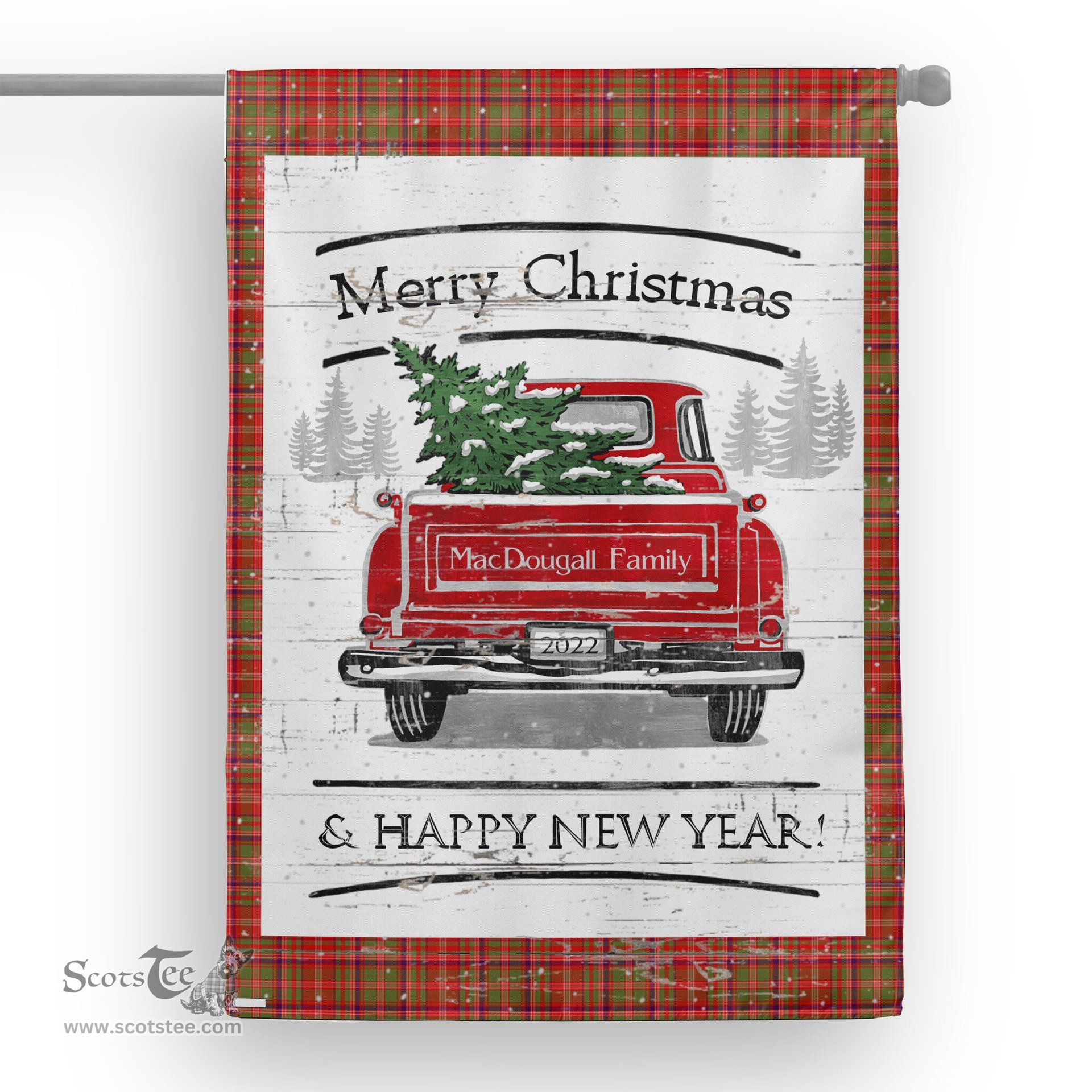 Tartan House Flag Vintage Red Truck with Christmas Tree Family Scottish Clan MacDougall Modern Tartan Flag, Tartan Garden Flag, Tartan House Flag, Tartan Flag, Crest Garden Flag, Garden Flag, Ireland Garden Flag, Family Crest, Custom Flag, Custom Garden Flag, Ireland Custom Flag, Clan Tartan Flags