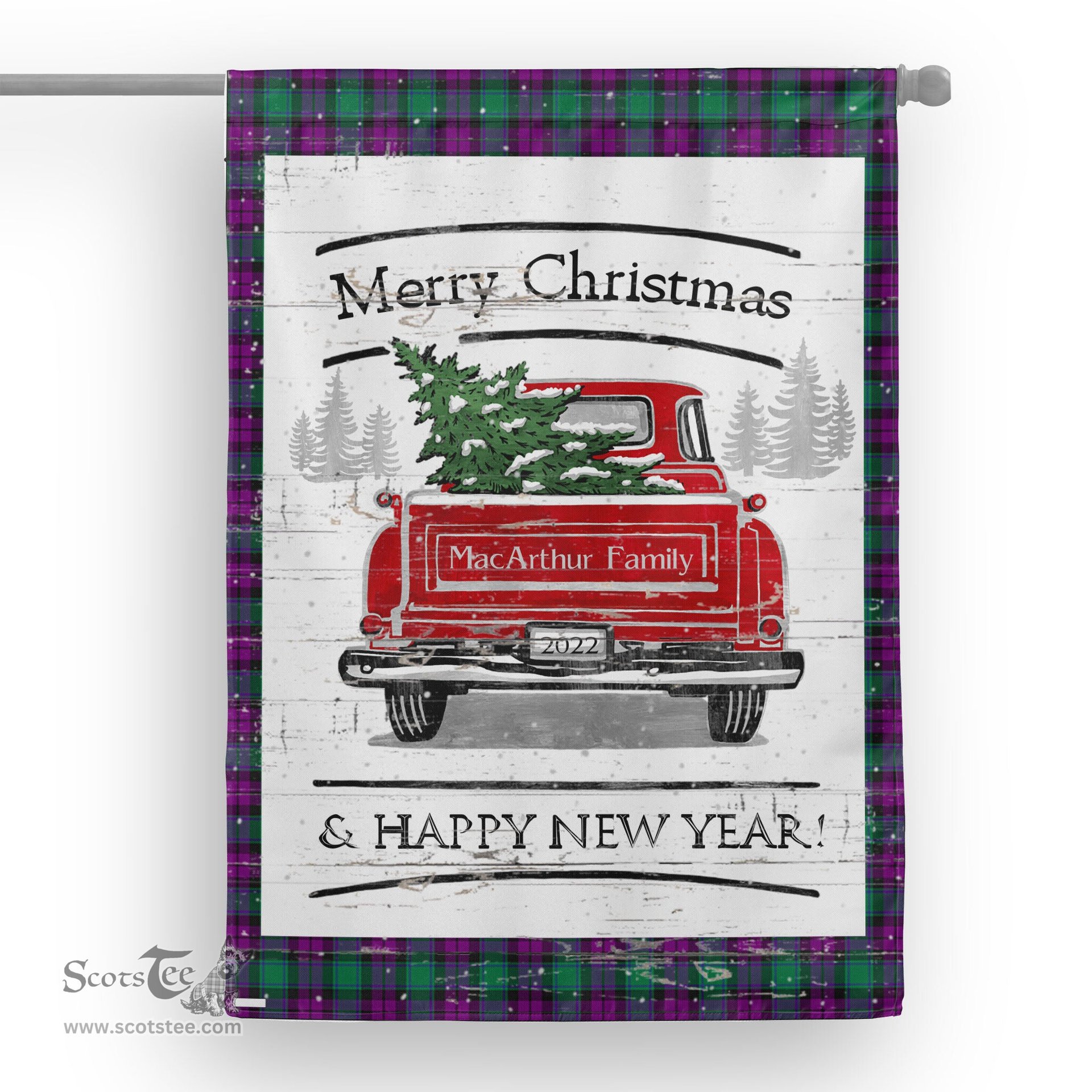 Tartan House Flag Vintage Red Truck with Christmas Tree Family Scottish Clan MacArthur of Milton Tartan Flag, Tartan Garden Flag, Tartan House Flag, Tartan Flag, Crest Garden Flag, Garden Flag, Ireland Garden Flag, Family Crest, Custom Flag, Custom Garden Flag, Ireland Custom Flag, Clan Tartan Flags