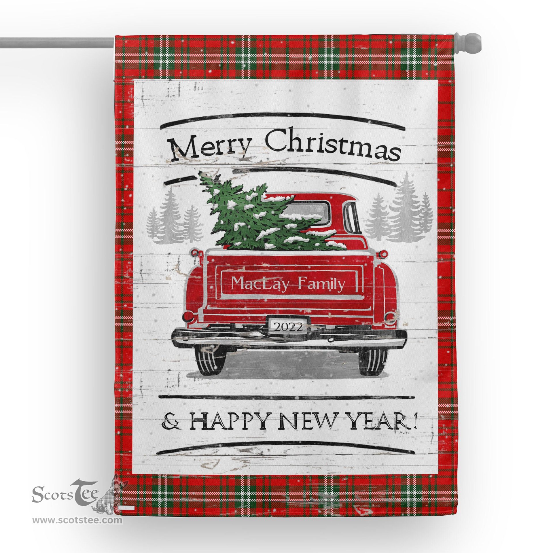 Tartan House Flag Vintage Red Truck with Christmas Tree Family Scottish Clan MacLay Tartan Flag, Tartan Garden Flag, Tartan House Flag, Tartan Flag, Crest Garden Flag, Garden Flag, Ireland Garden Flag, Family Crest, Custom Flag, Custom Garden Flag, Ireland Custom Flag, Clan Tartan Flags