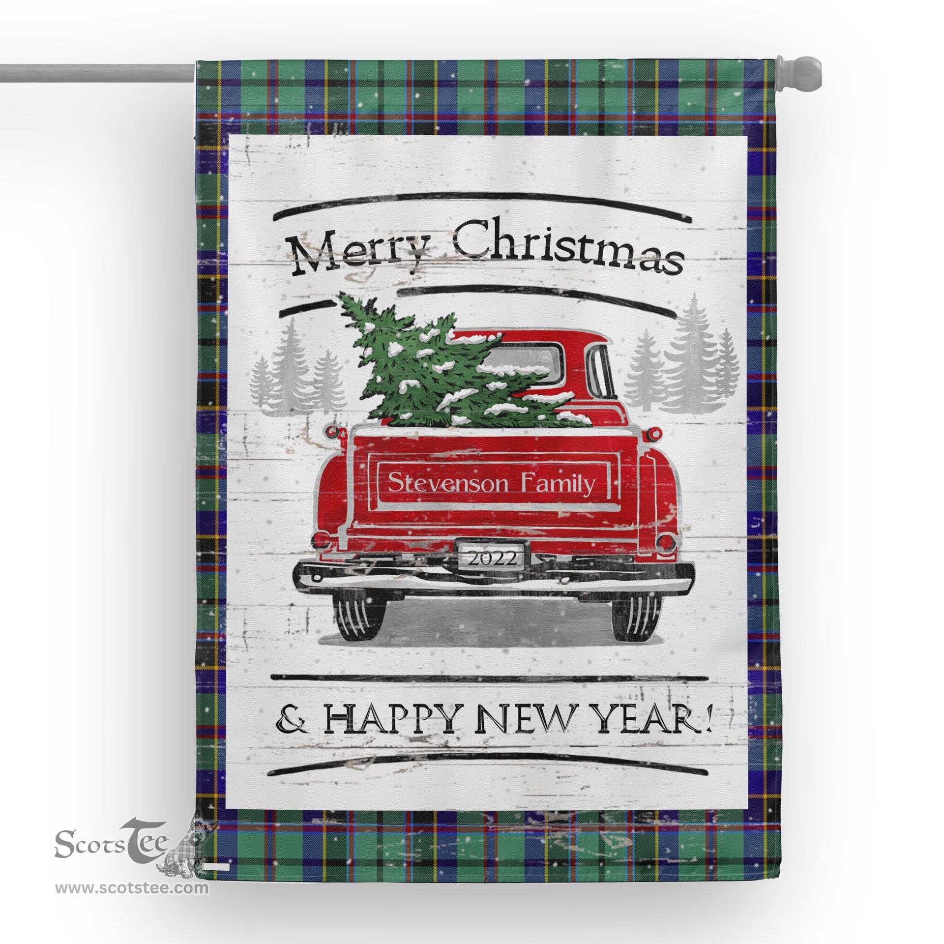 Tartan House Flag Vintage Red Truck with Christmas Tree Family Scottish Clan Stevenson Tartan Flag, Tartan Garden Flag, Tartan House Flag, Tartan Flag, Crest Garden Flag, Garden Flag, Ireland Garden Flag, Family Crest, Custom Flag, Custom Garden Flag, Ireland Custom Flag, Clan Tartan Flags