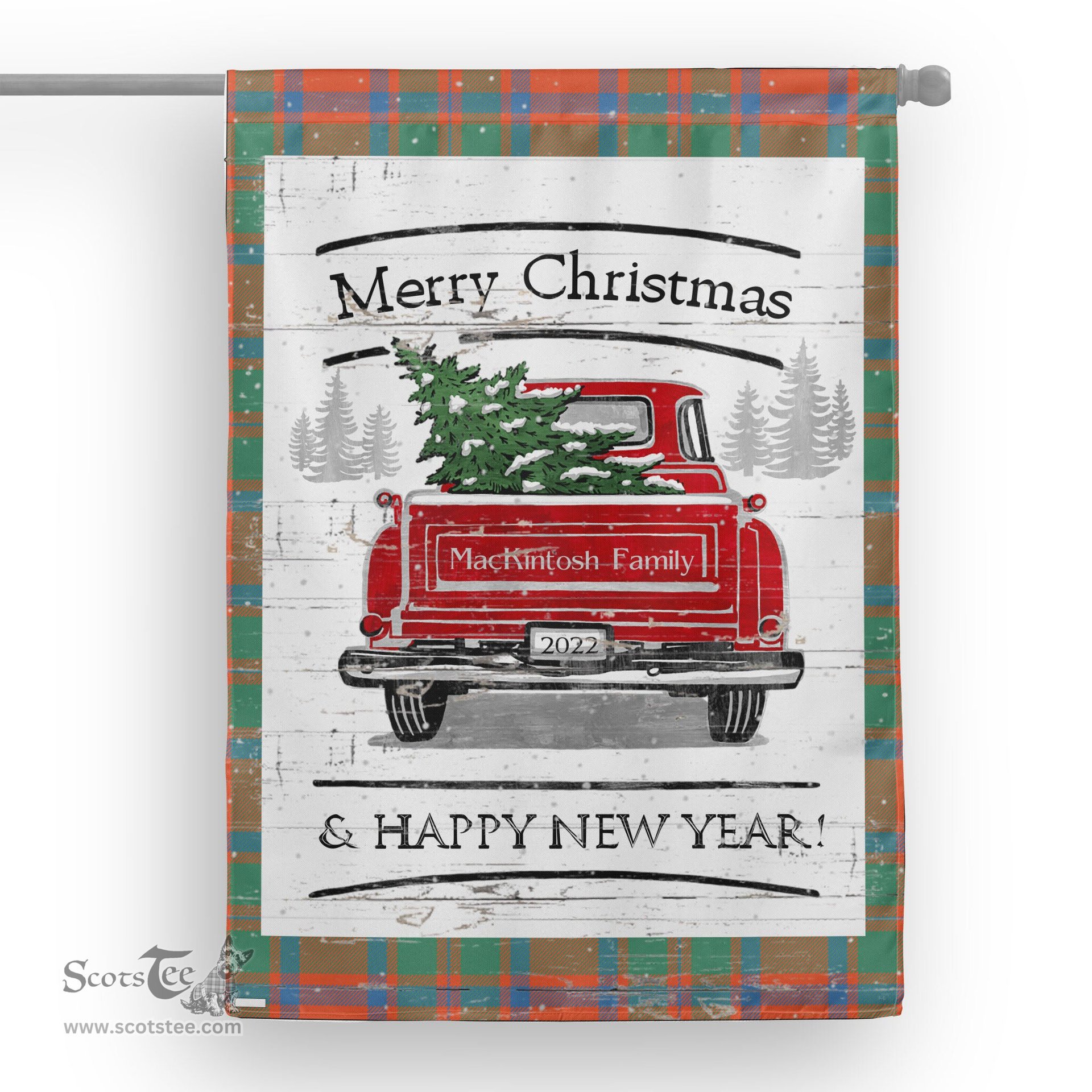 Tartan House Flag Vintage Red Truck with Christmas Tree Family Scottish Clan MacKintosh Ancient Tartan Flag, Tartan Garden Flag, Tartan House Flag, Tartan Flag, Crest Garden Flag, Garden Flag, Ireland Garden Flag, Family Crest, Custom Flag, Custom Garden Flag, Ireland Custom Flag, Clan Tartan Flags