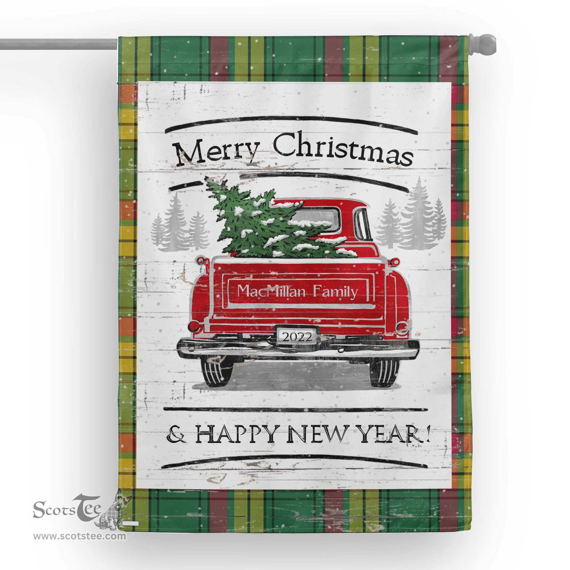 Tartan House Flag Vintage Red Truck with Christmas Tree Family Scottish Clan MacMillan Old Ancient Tartan Flag, Tartan Garden Flag, Tartan House Flag, Tartan Flag, Crest Garden Flag, Garden Flag, Ireland Garden Flag, Family Crest, Custom Flag, Custom Garden Flag, Ireland Custom Flag, Clan Tartan Flags