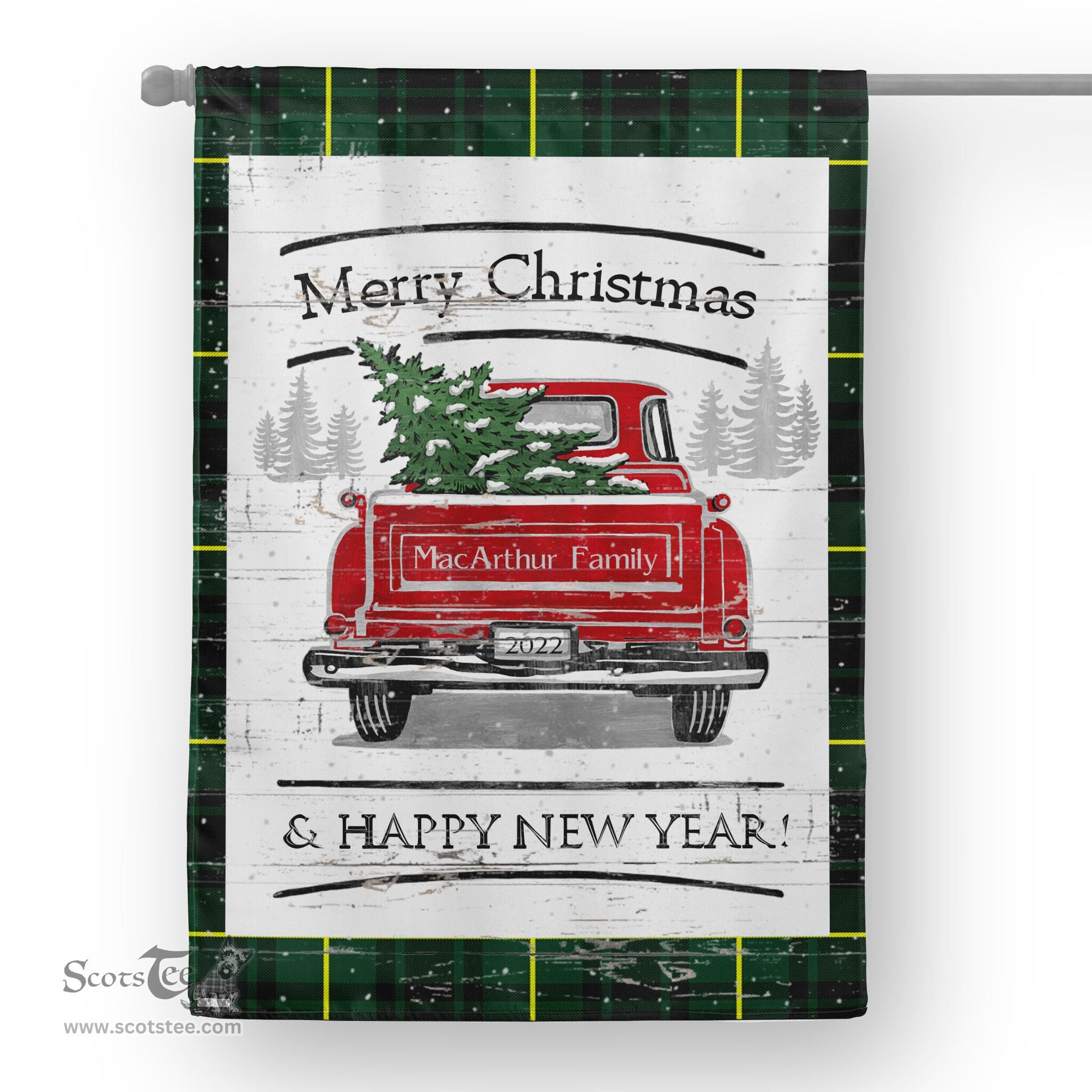 Tartan House Flag Vintage Red Truck with Christmas Tree Family Scottish Clan MacArthur Modern Tartan Flag, Tartan Garden Flag, Tartan House Flag, Tartan Flag, Crest Garden Flag, Garden Flag, Ireland Garden Flag, Family Crest, Custom Flag, Custom Garden Flag, Ireland Custom Flag, Clan Tartan Flags