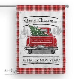 Tartan House Flag Vintage Red Truck with Christmas Tree Family Scottish Clan MacDougall Dress Tartan Flag, Tartan Garden Flag, Tartan House Flag, Tartan Flag, Crest Garden Flag, Garden Flag, Ireland Garden Flag, Family Crest, Custom Flag, Custom Garden Flag, Ireland Custom Flag, Clan Tartan Flags