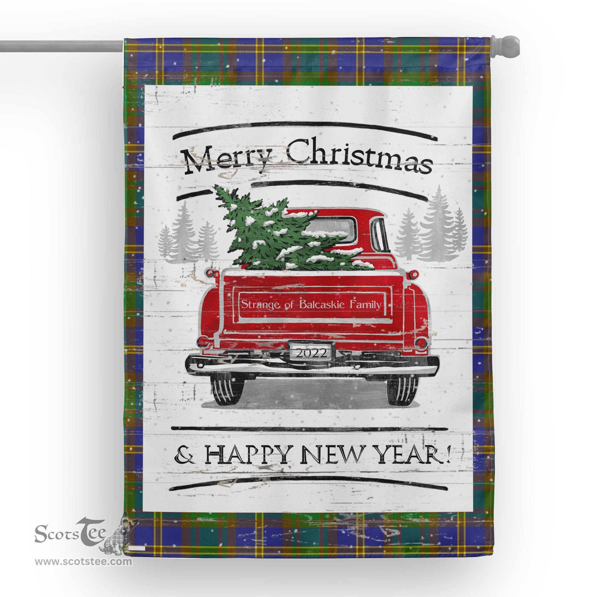 Tartan House Flag Vintage Red Truck with Christmas Tree Family Scottish Clan Strange of Balcaskie Tartan Flag, Tartan Garden Flag, Tartan House Flag, Tartan Flag, Crest Garden Flag, Garden Flag, Ireland Garden Flag, Family Crest, Custom Flag, Custom Garden Flag, Ireland Custom Flag, Clan Tartan Flags