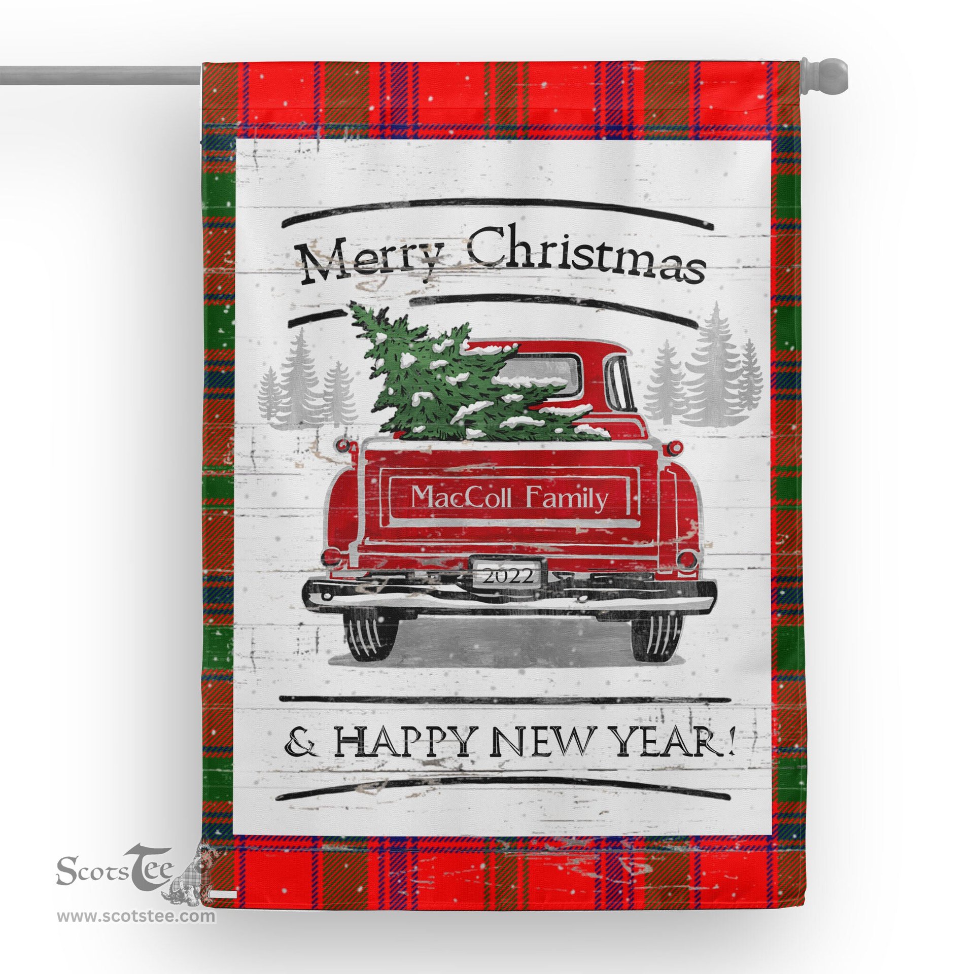 Tartan House Flag Vintage Red Truck with Christmas Tree Family Scottish Clan MacColl Tartan Flag, Tartan Garden Flag, Tartan House Flag, Tartan Flag, Crest Garden Flag, Garden Flag, Ireland Garden Flag, Family Crest, Custom Flag, Custom Garden Flag, Ireland Custom Flag, Clan Tartan Flags