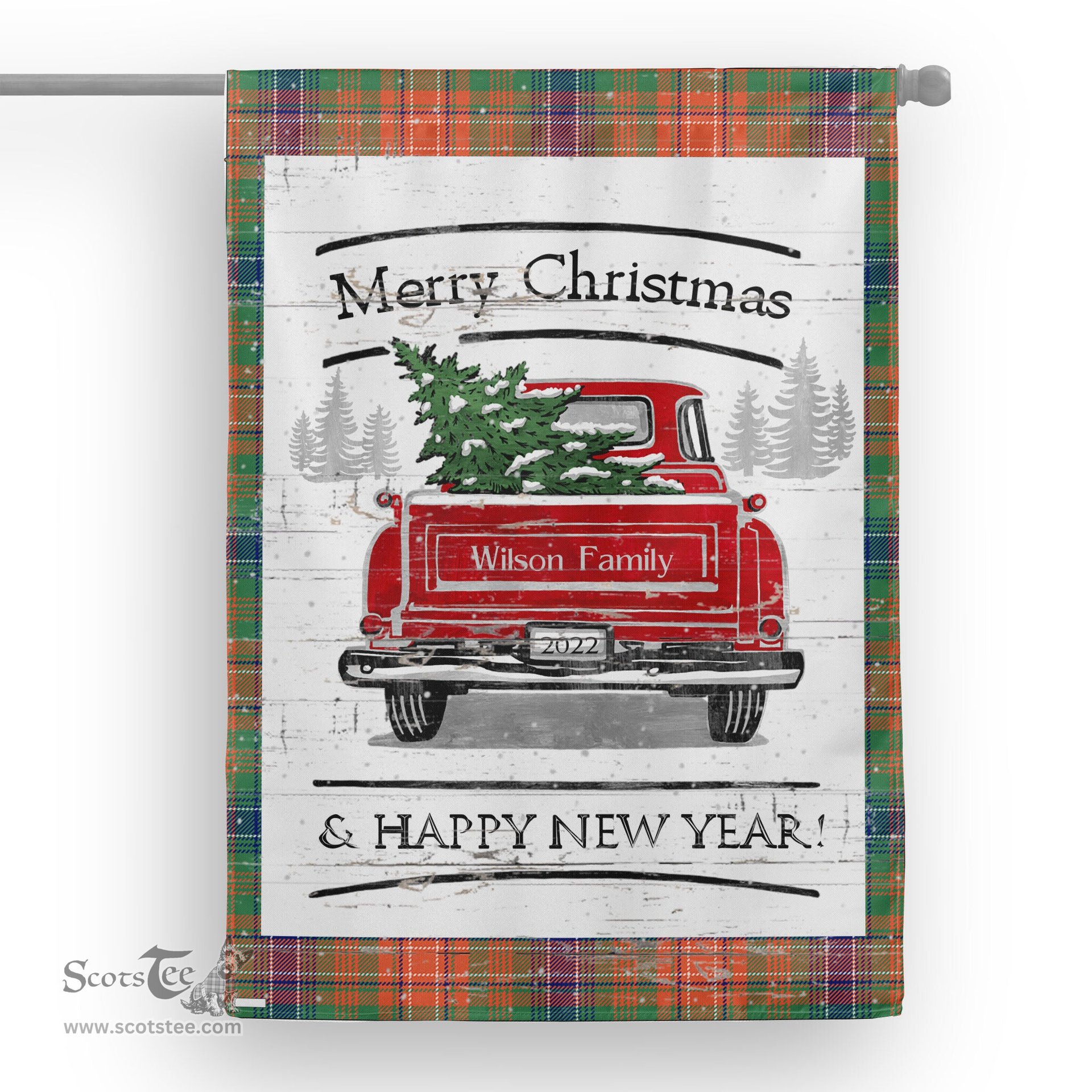 Tartan House Flag Vintage Red Truck with Christmas Tree Family Scottish Clan Wilson Tartan Flag, Tartan Garden Flag, Tartan House Flag, Tartan Flag, Crest Garden Flag, Garden Flag, Ireland Garden Flag, Family Crest, Custom Flag, Custom Garden Flag, Ireland Custom Flag, Clan Tartan Flags