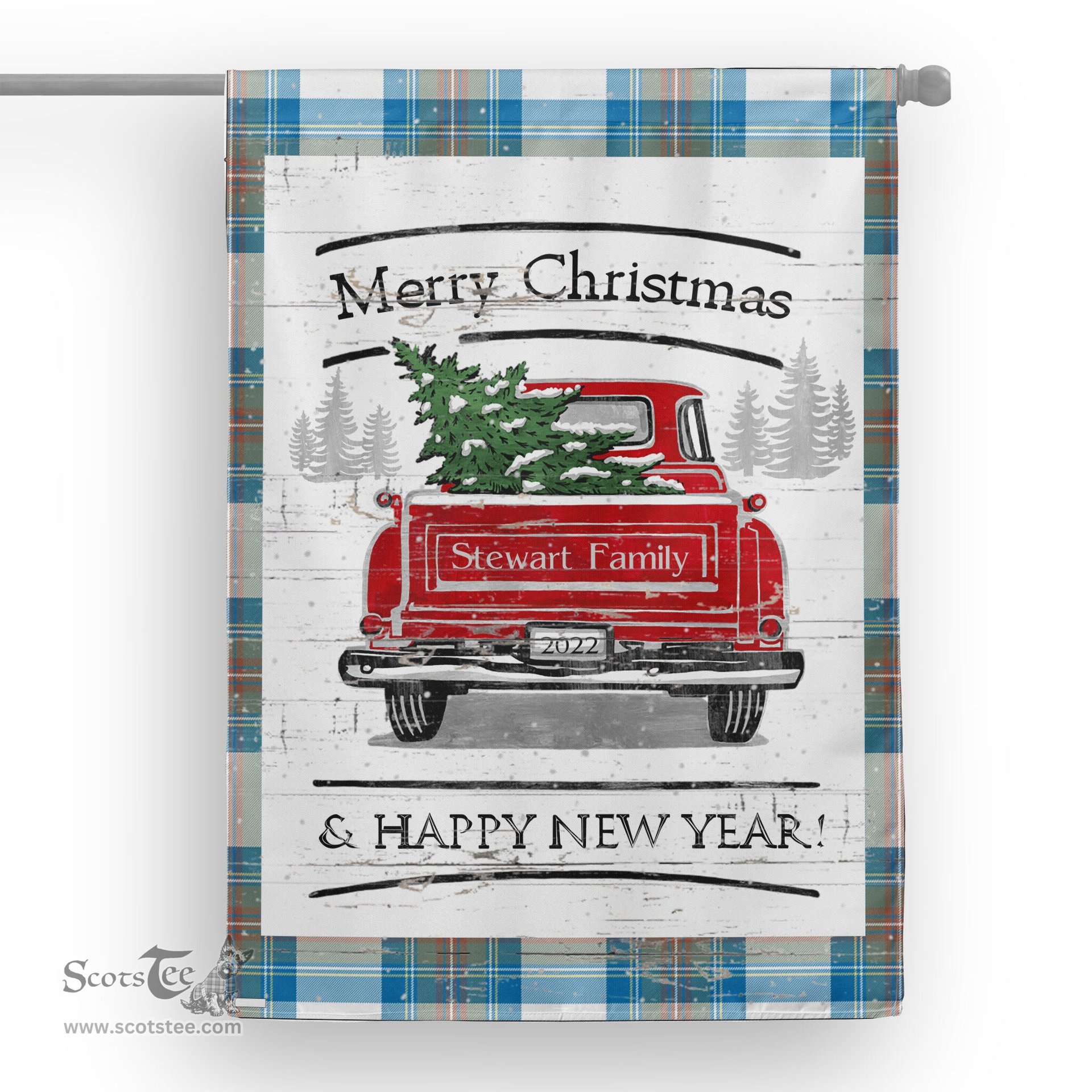 Tartan House Flag Vintage Red Truck with Christmas Tree Family Scottish Clan Stewart Muted Blue Tartan Flag, Tartan Garden Flag, Tartan House Flag, Tartan Flag, Crest Garden Flag, Garden Flag, Ireland Garden Flag, Family Crest, Custom Flag, Custom Garden Flag, Ireland Custom Flag, Clan Tartan Flags