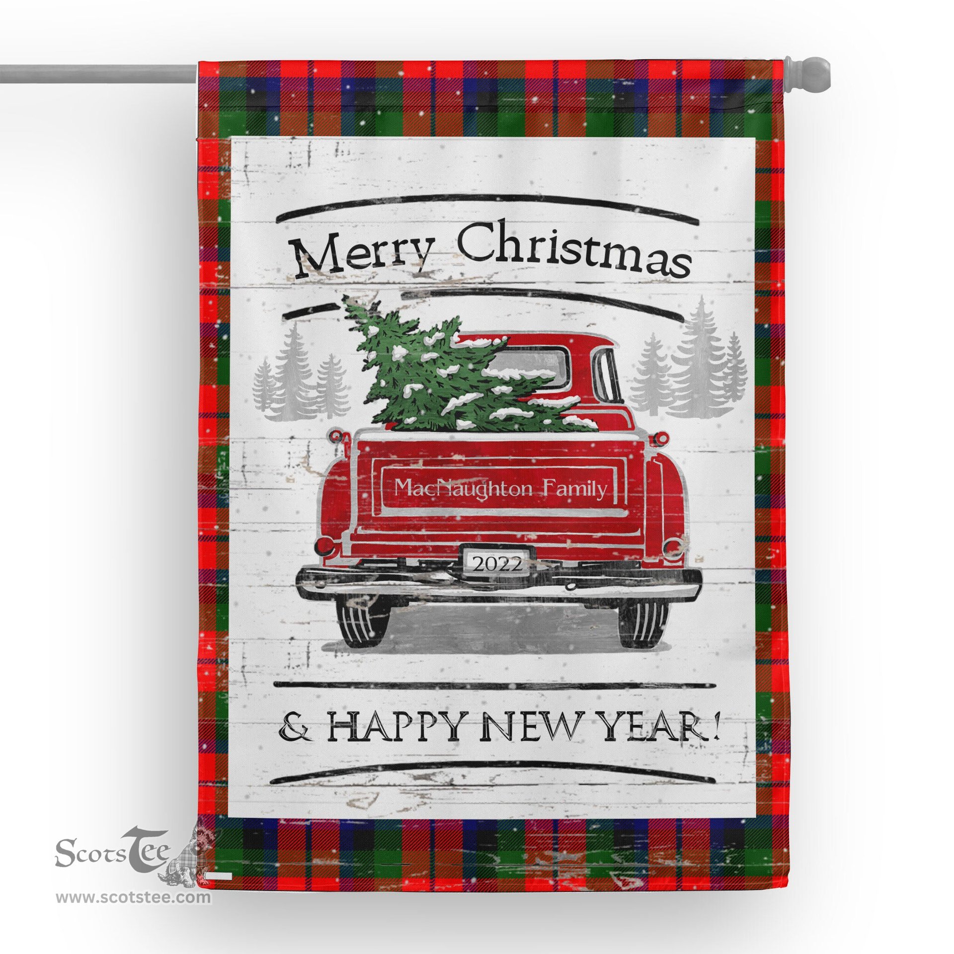 Tartan House Flag Vintage Red Truck with Christmas Tree Family Scottish Clan MacNaughton Tartan Flag, Tartan Garden Flag, Tartan House Flag, Tartan Flag, Crest Garden Flag, Garden Flag, Ireland Garden Flag, Family Crest, Custom Flag, Custom Garden Flag, Ireland Custom Flag, Clan Tartan Flags
